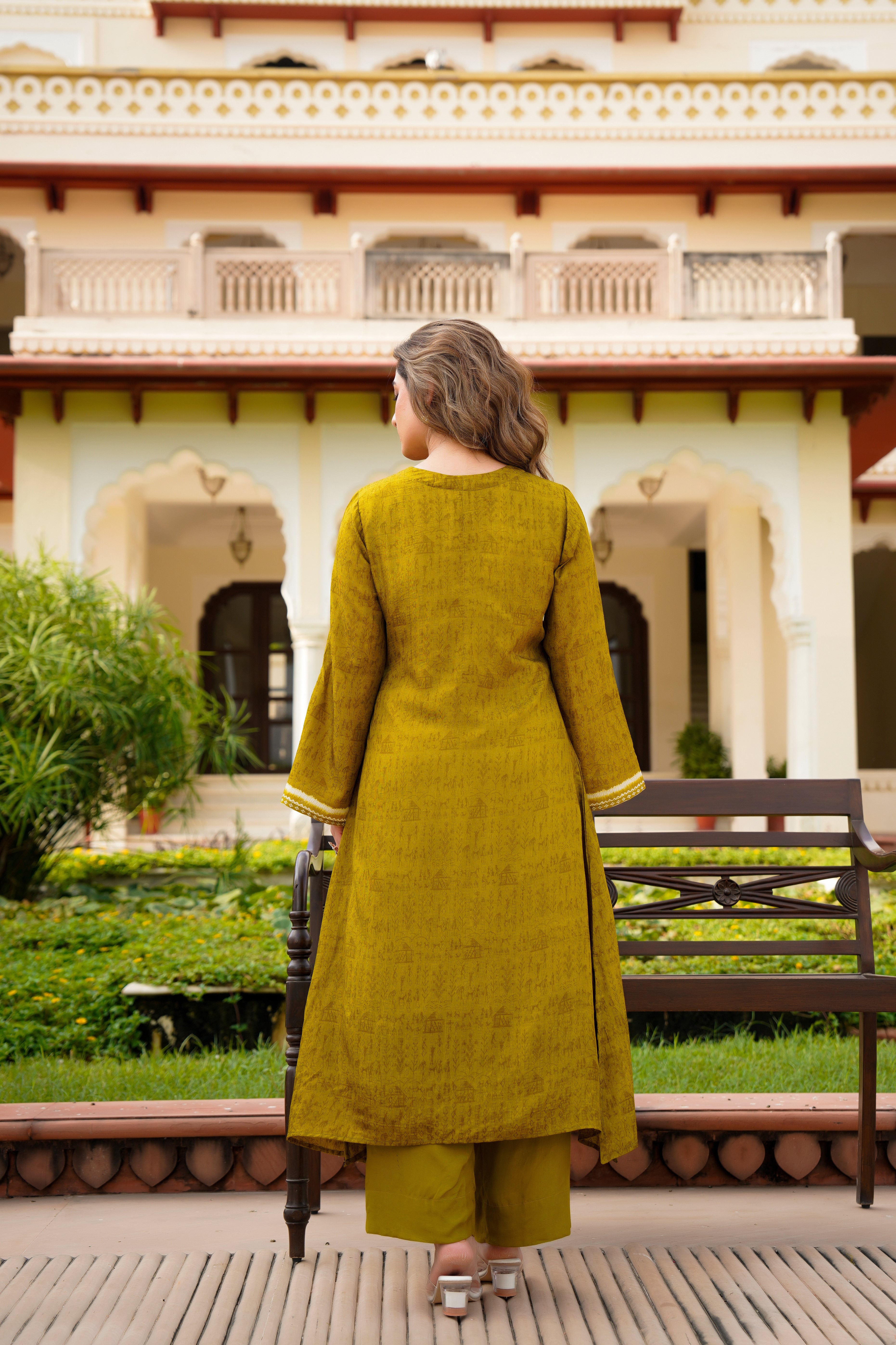 Olive Whisper Russian Silk Printed Suit Set