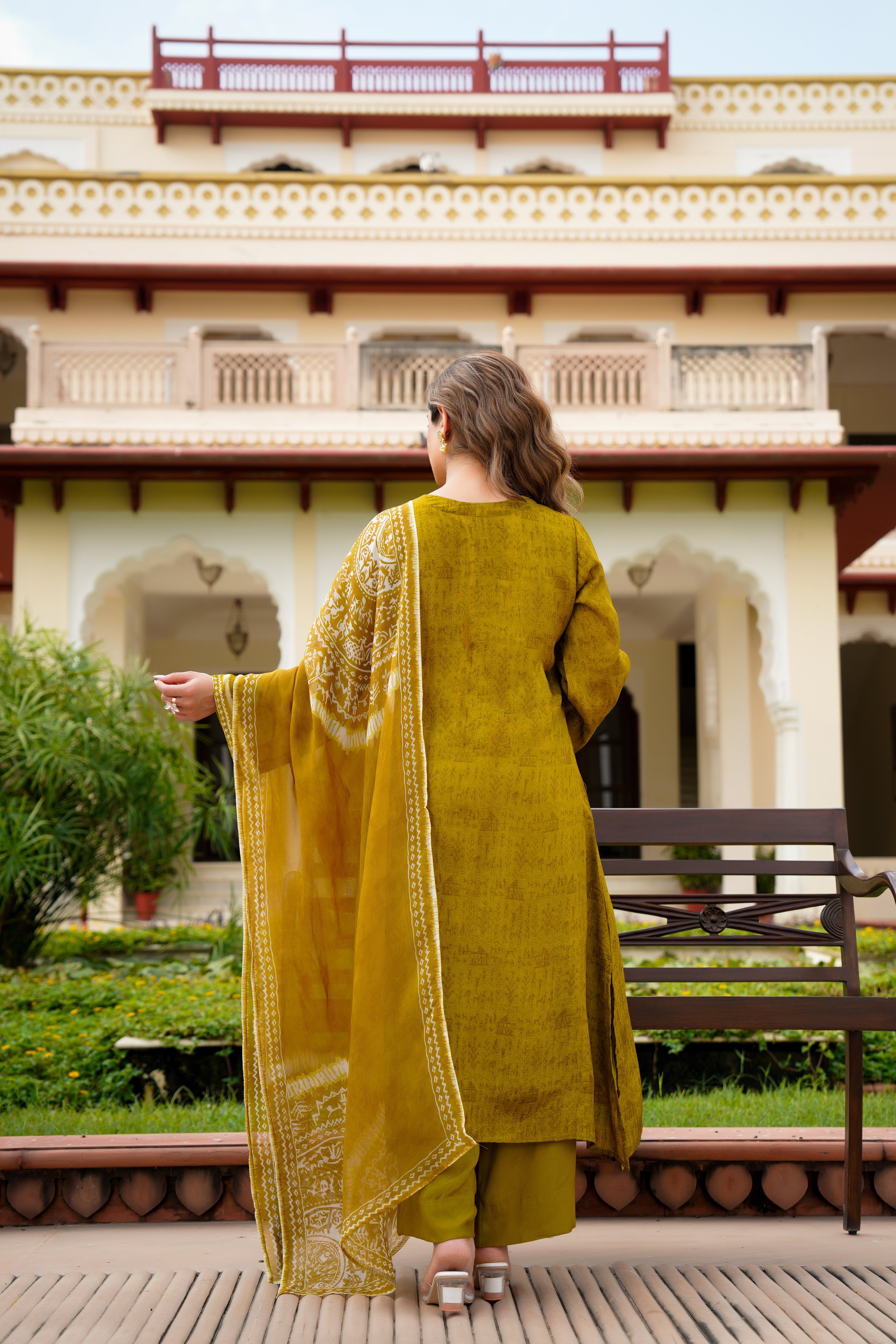 Olive Whisper Russian Silk Printed Suit Set
