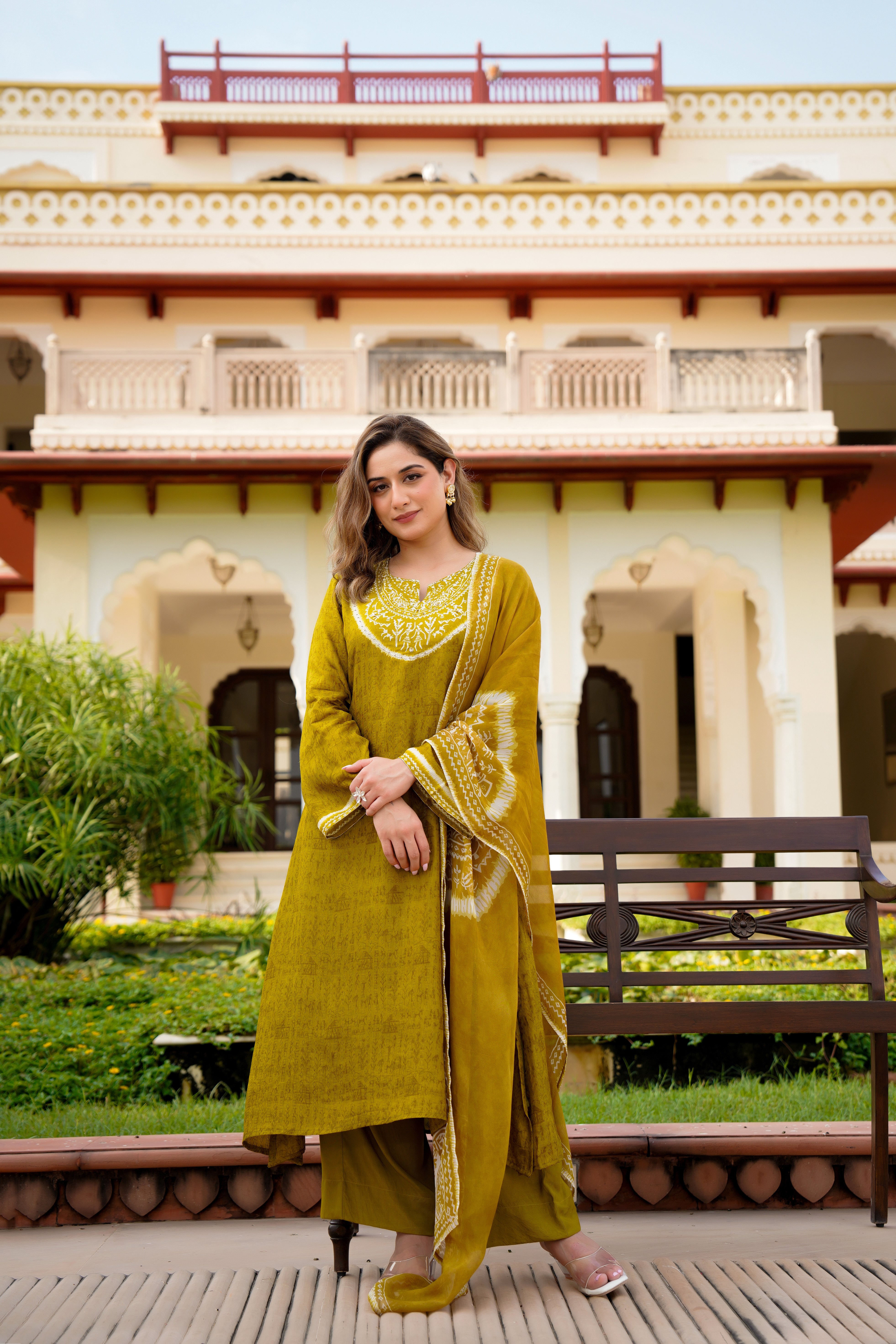 Olive Whisper Russian Silk Printed Suit Set
