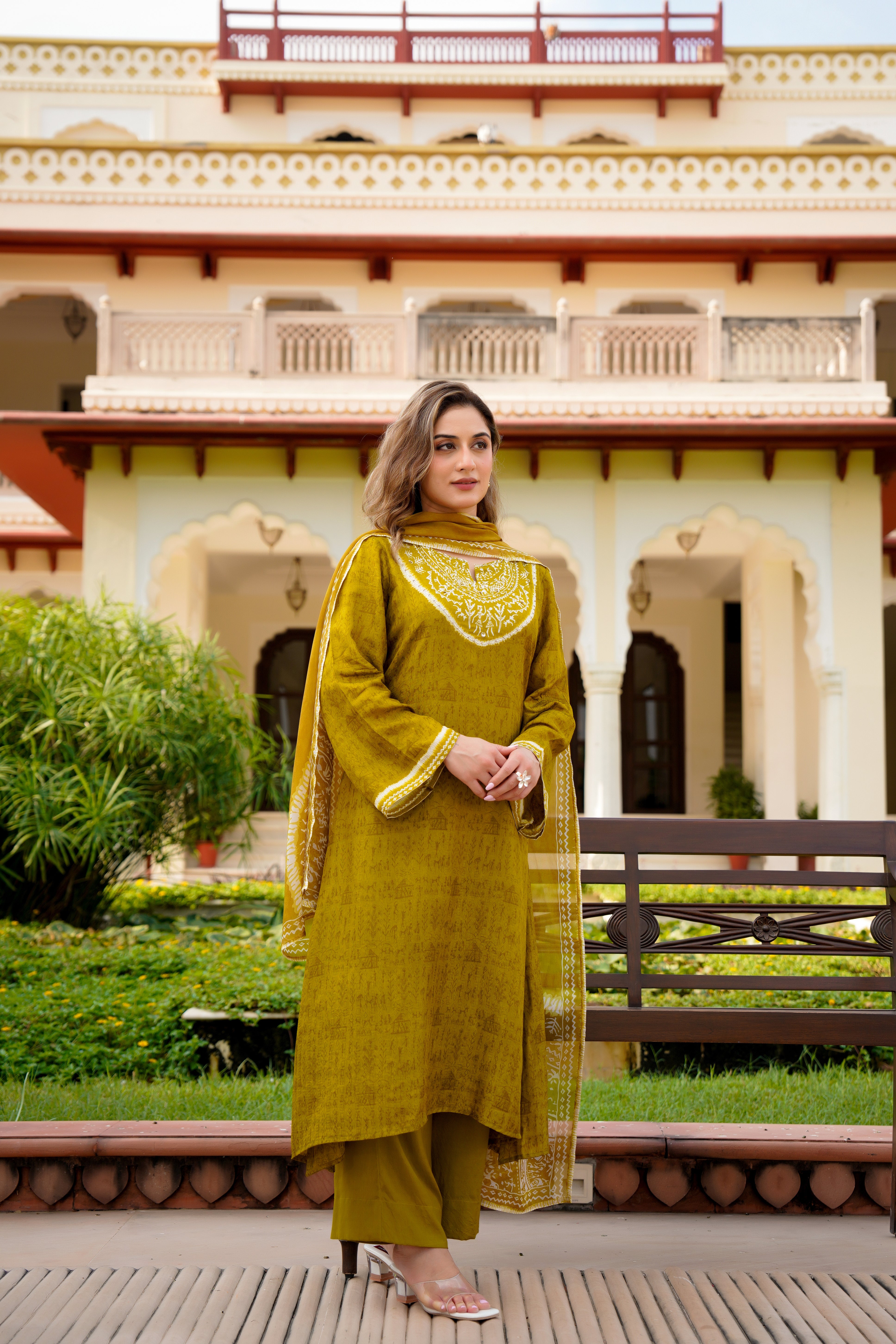 Olive Whisper Russian Silk Printed Suit Set
