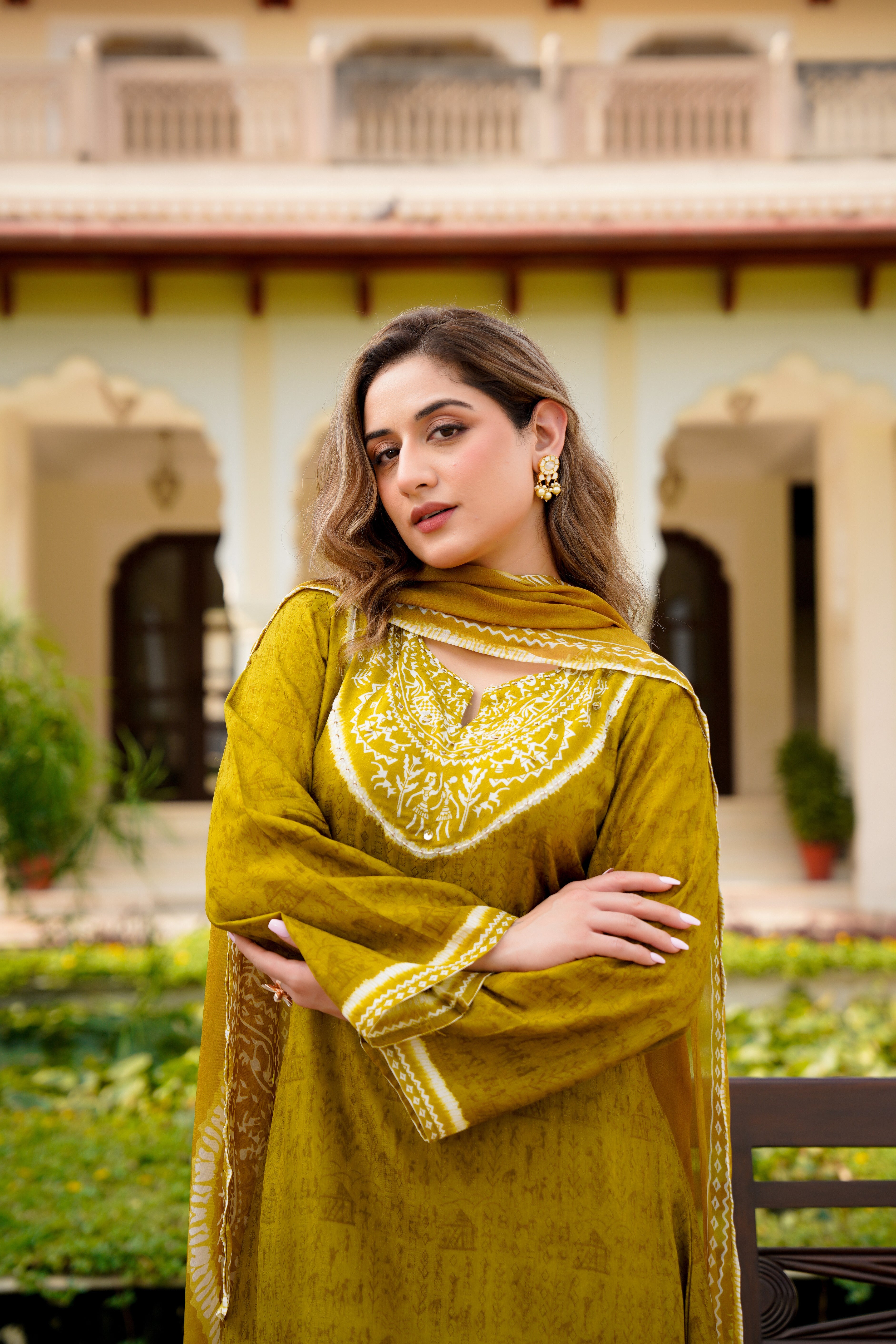 Olive Whisper Russian Silk Printed Suit Set