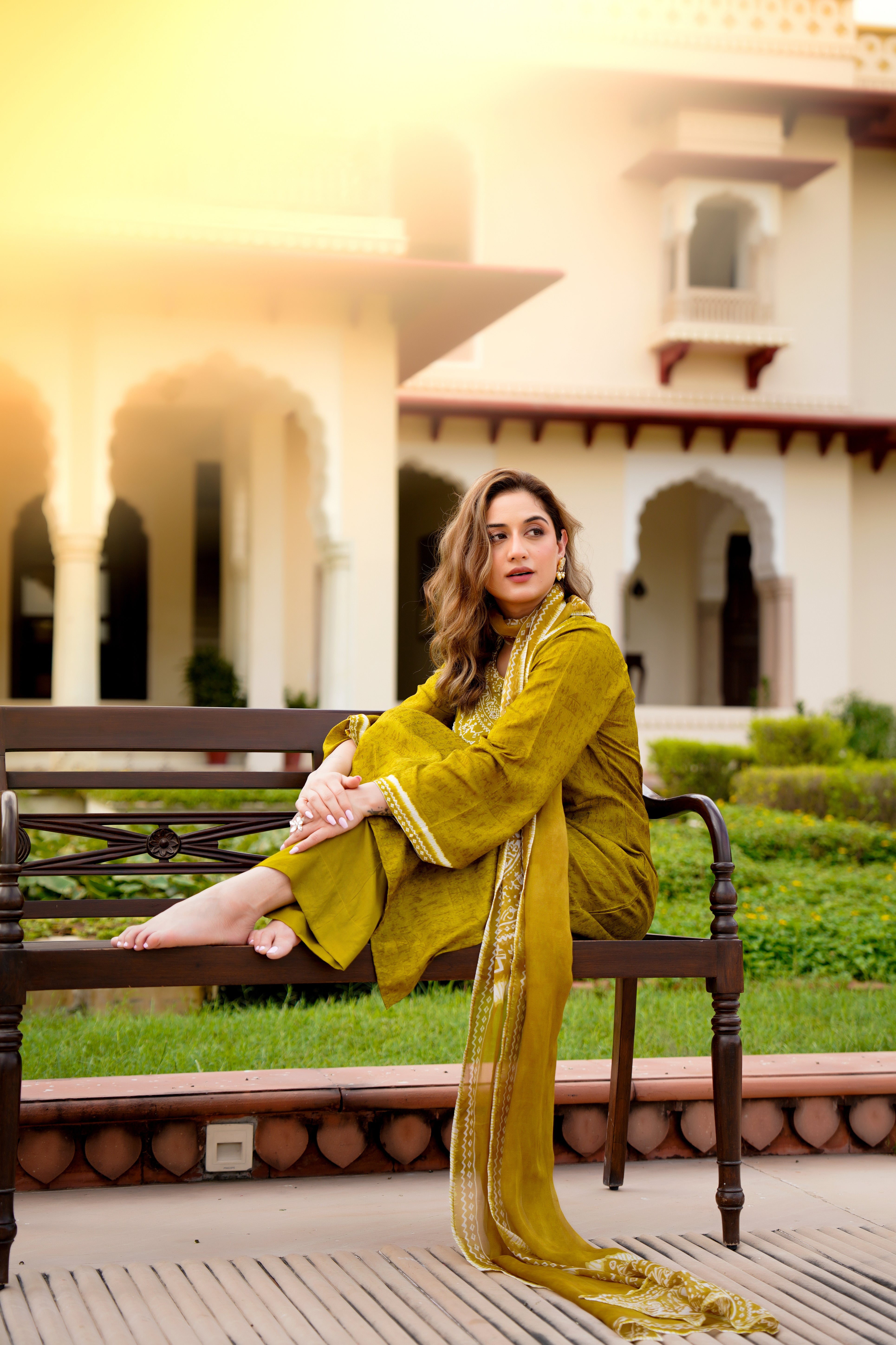 Olive Whisper Russian Silk Printed Suit Set