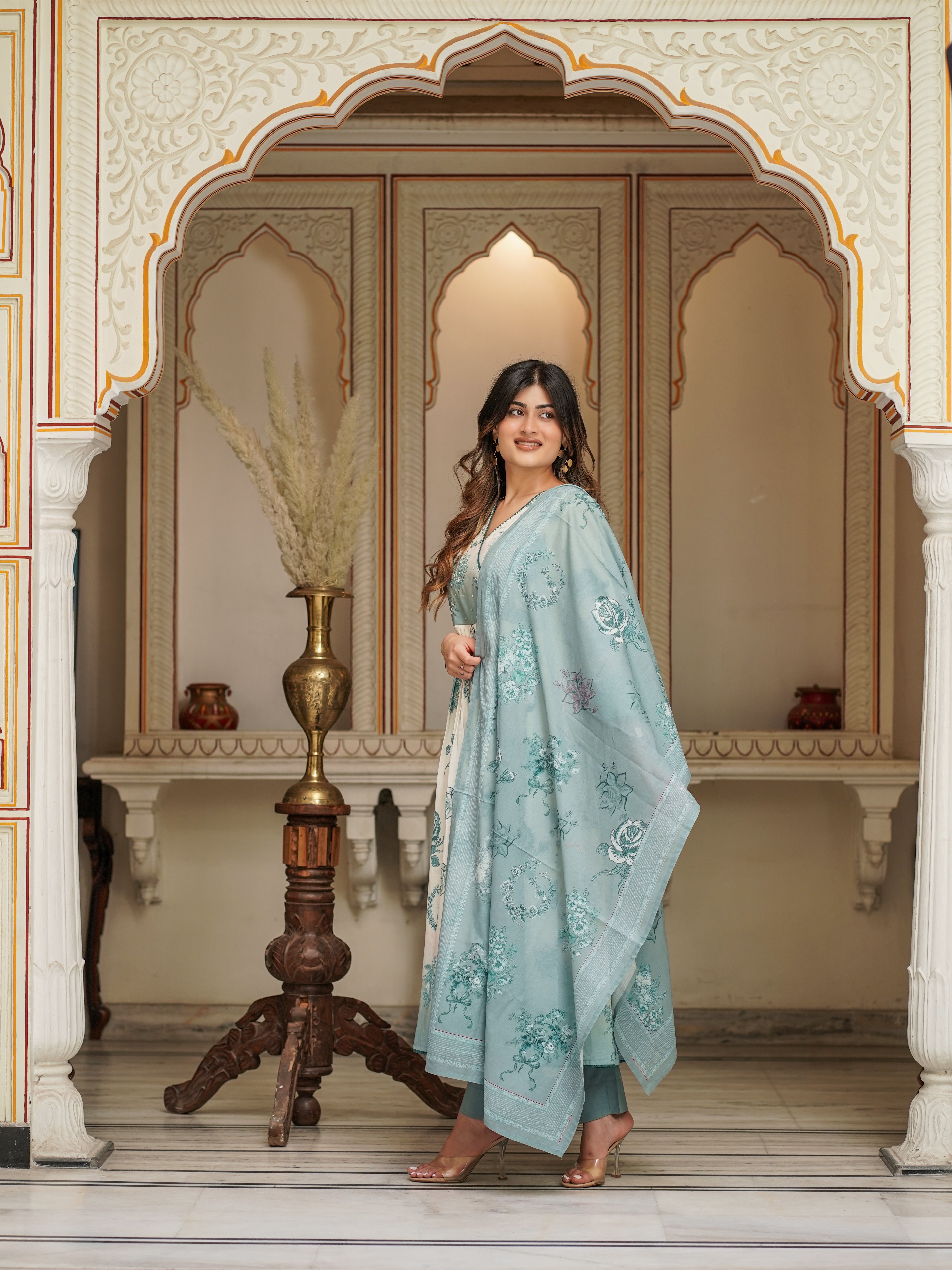 Off White Shades Of Blue Cotton Anarkali Set