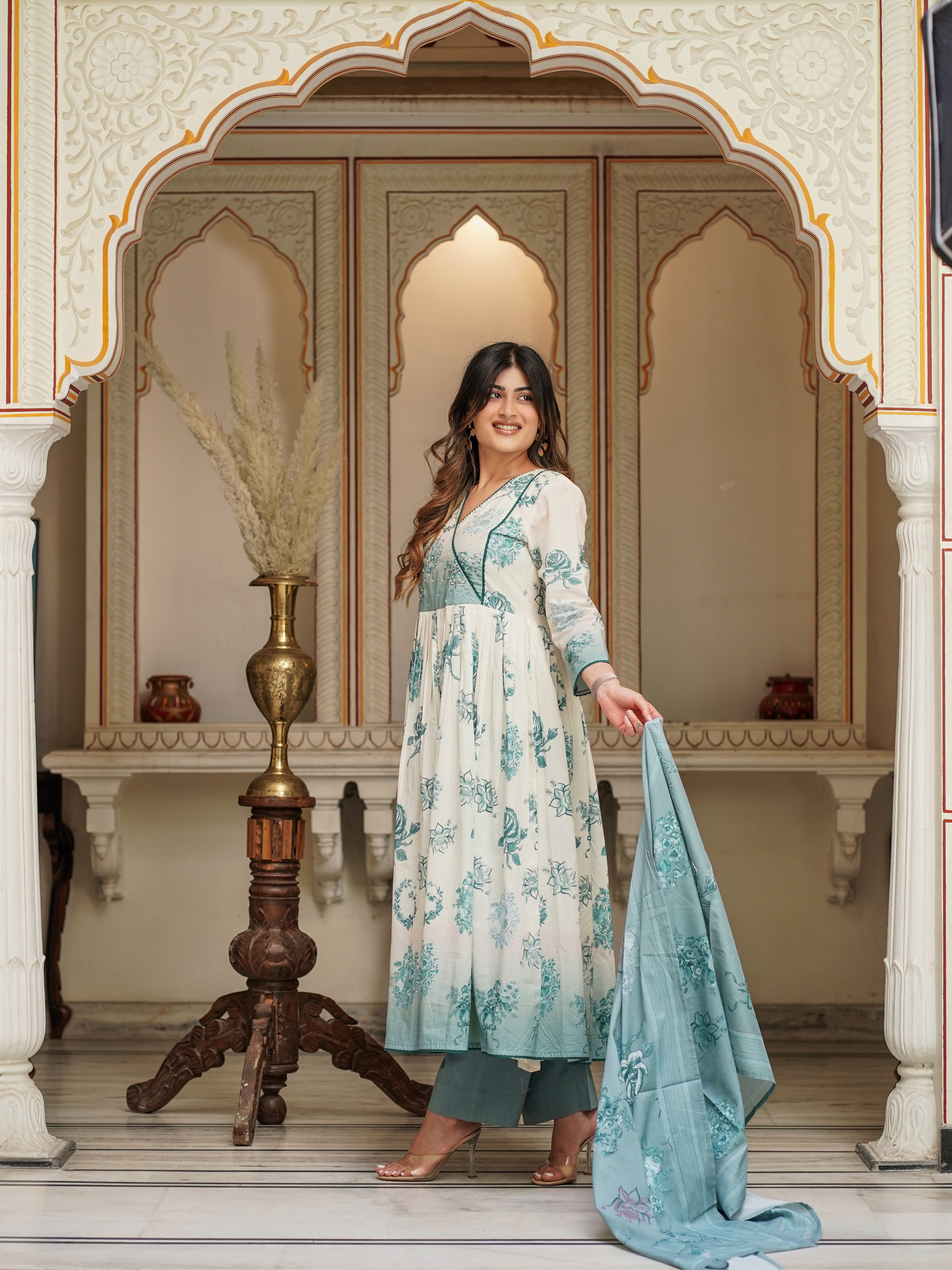 Off White Shades Of Blue Cotton Anarkali Set