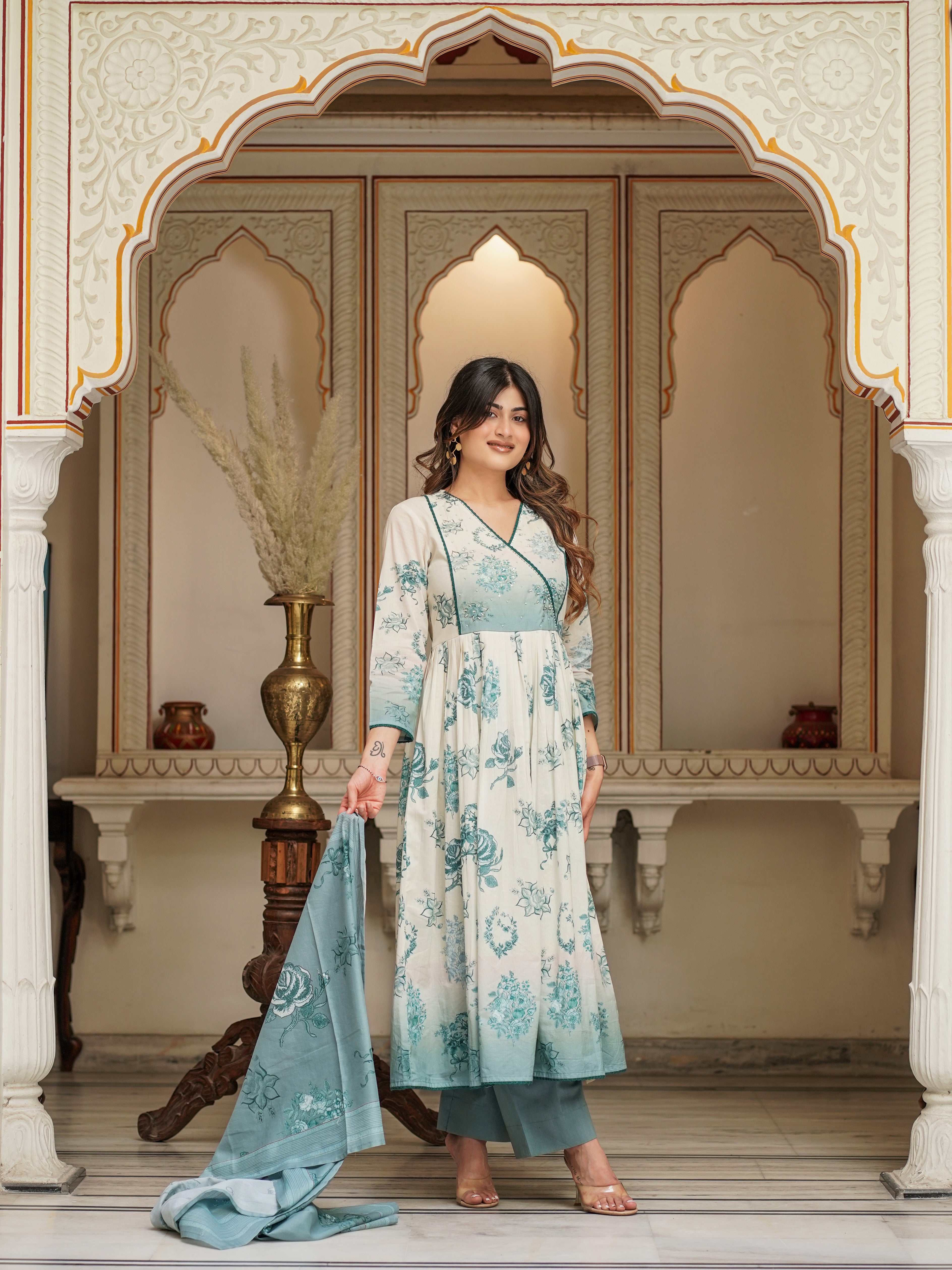 Off White Shades Of Blue Cotton Anarkali Set