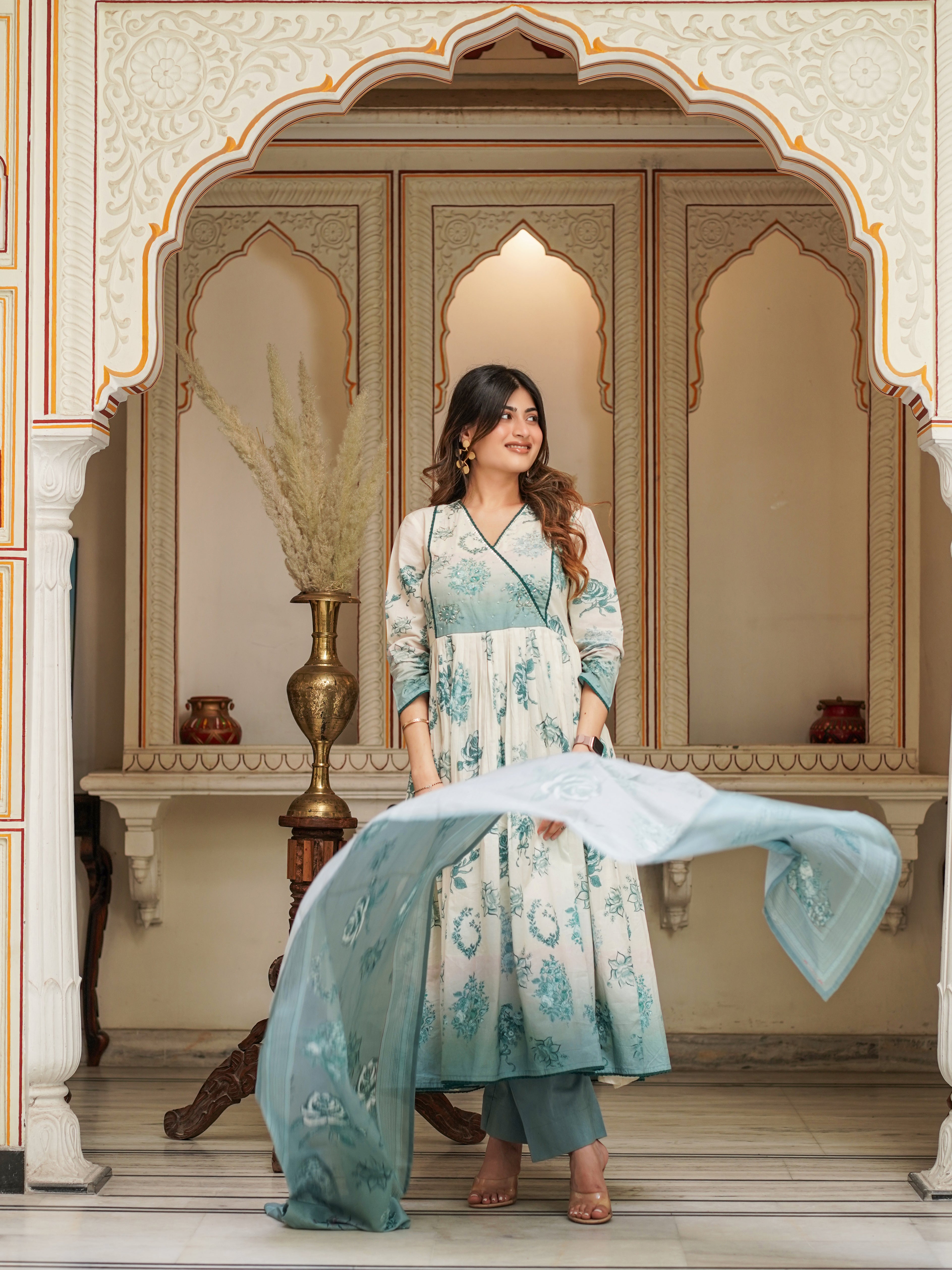Off White Shades Of Blue Cotton Anarkali Set