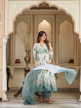 Off White Shades Of Blue Cotton Anarkali Set