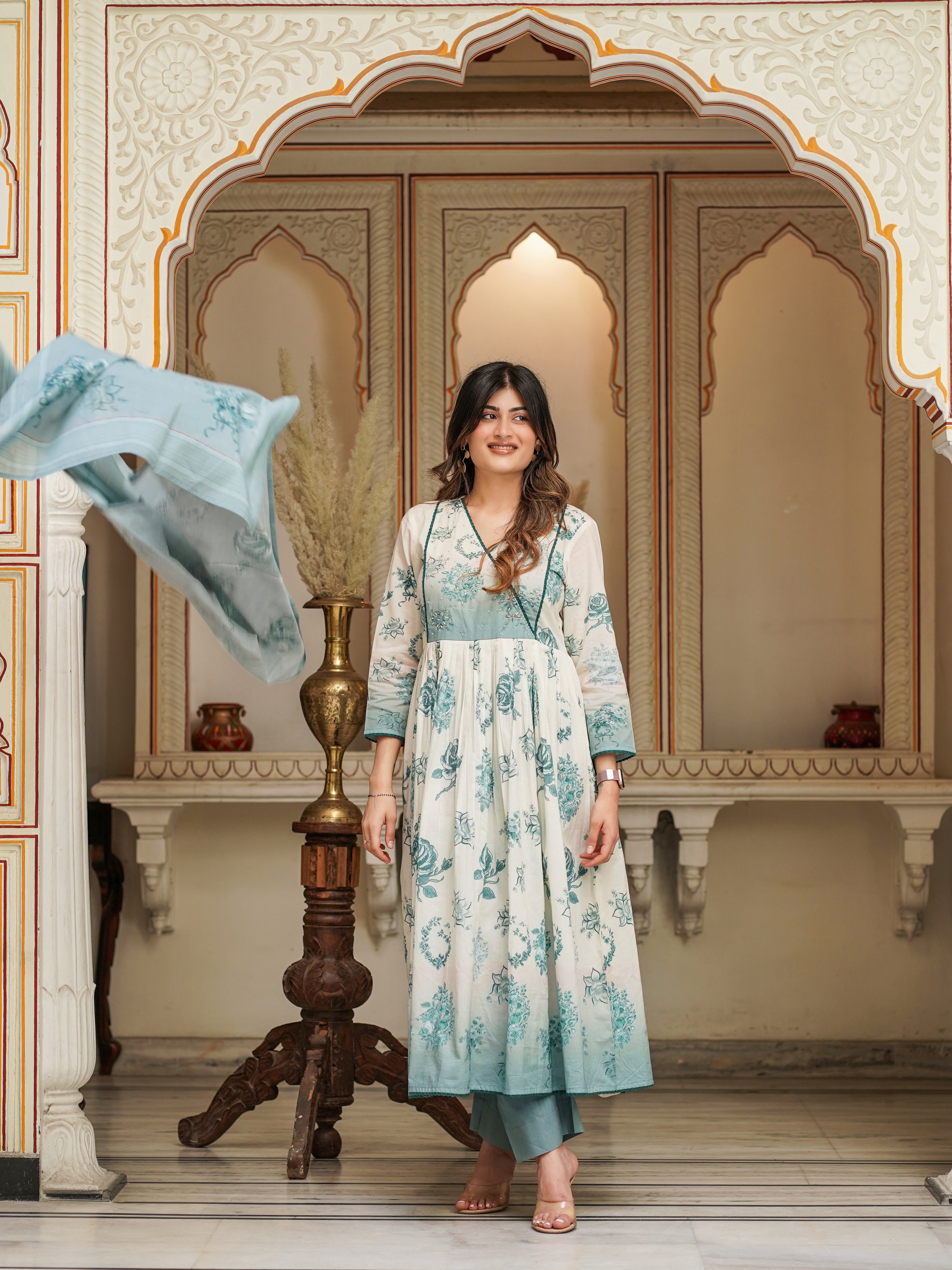 Off White Shades Of Blue Cotton Anarkali Set