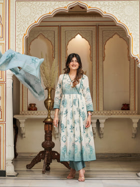Off White Shades Of Blue Cotton Anarkali Set