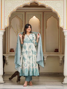 Off White Shades Of Blue Cotton Anarkali Set