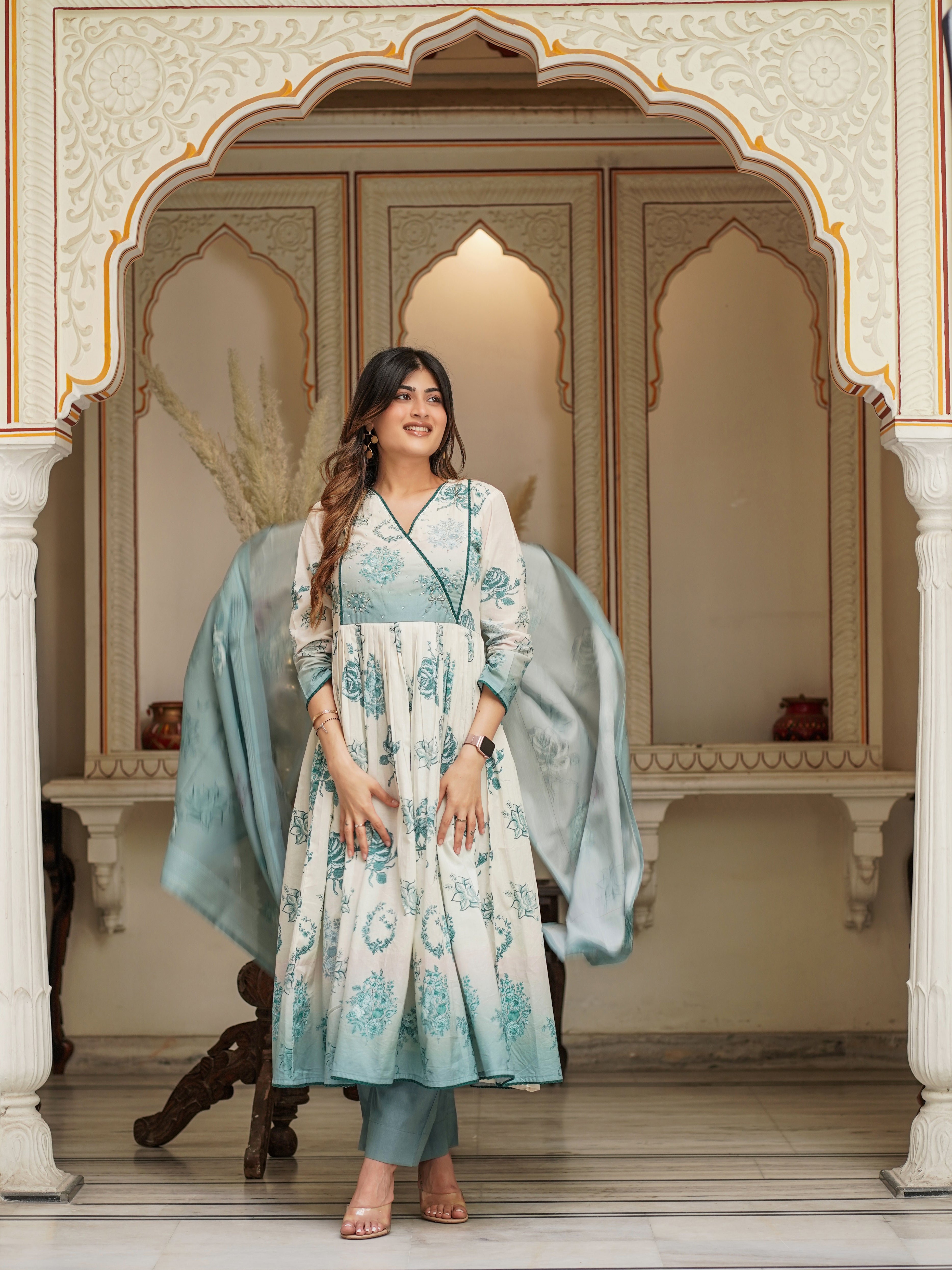 Off White Shades Of Blue Cotton Anarkali Set