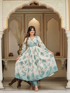 Off White Shades Of Blue Cotton Anarkali Set