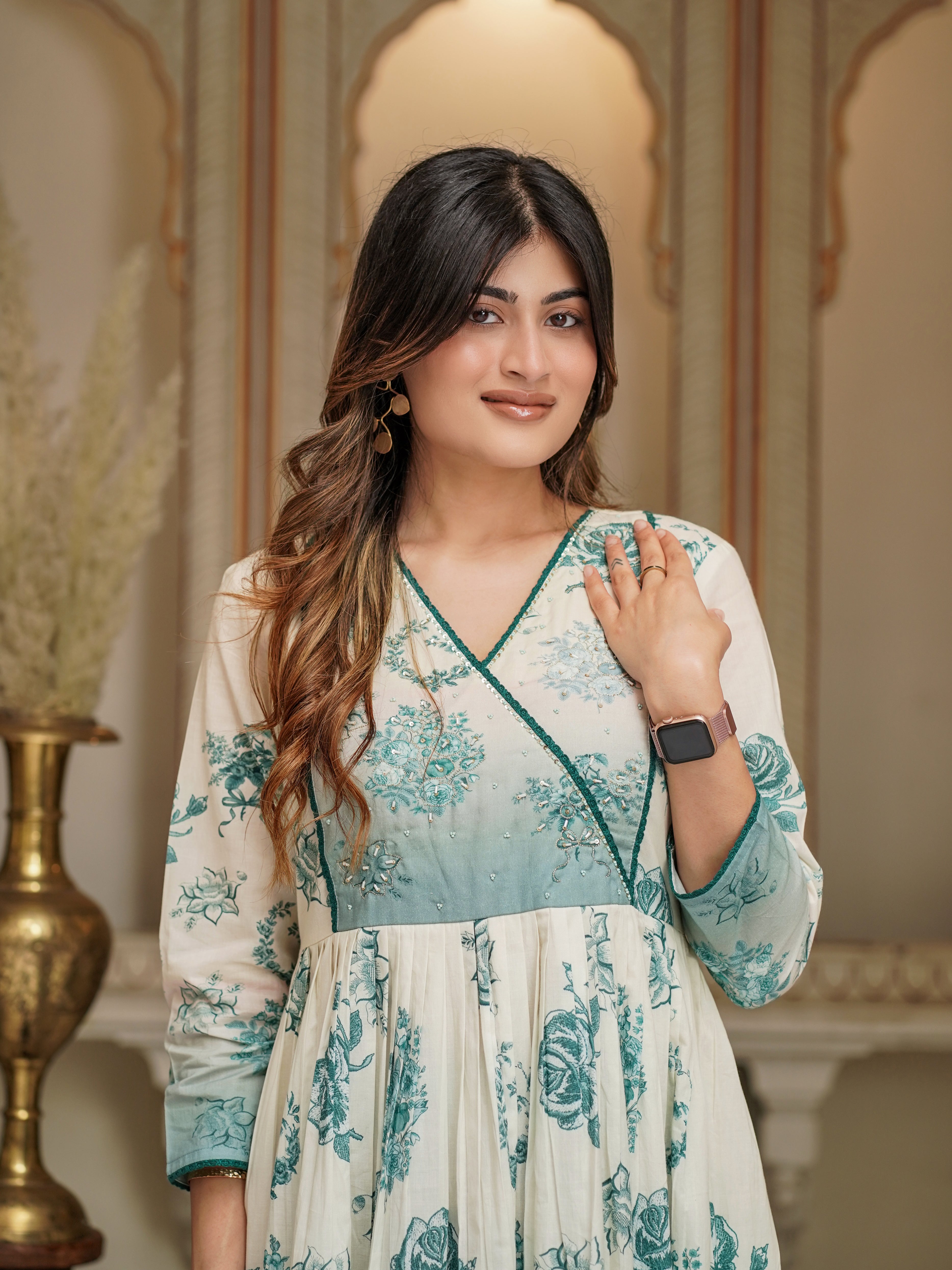 Off White Shades Of Blue Cotton Anarkali Set