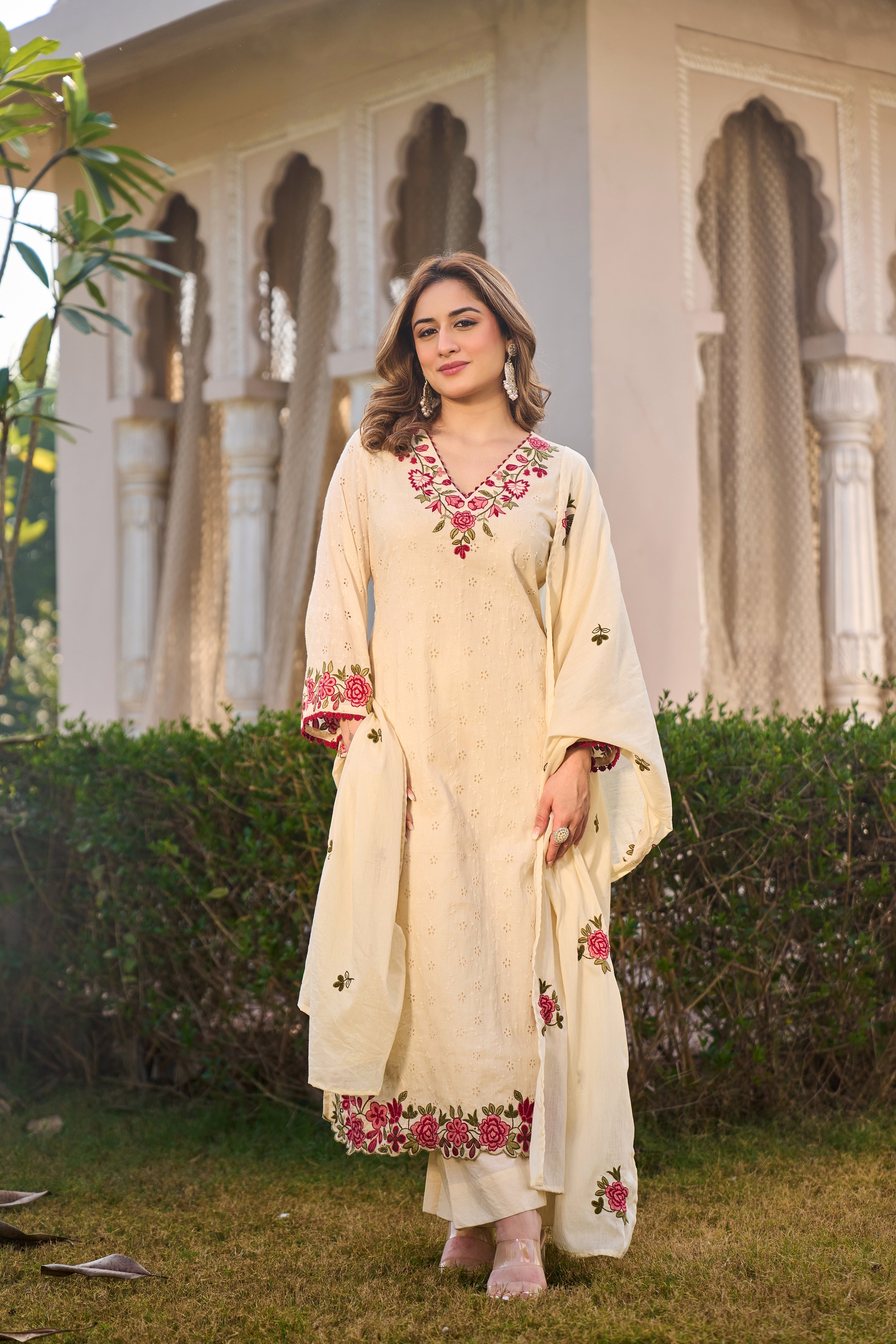 Ivory Blossom Cotton Chiffli Suit Set