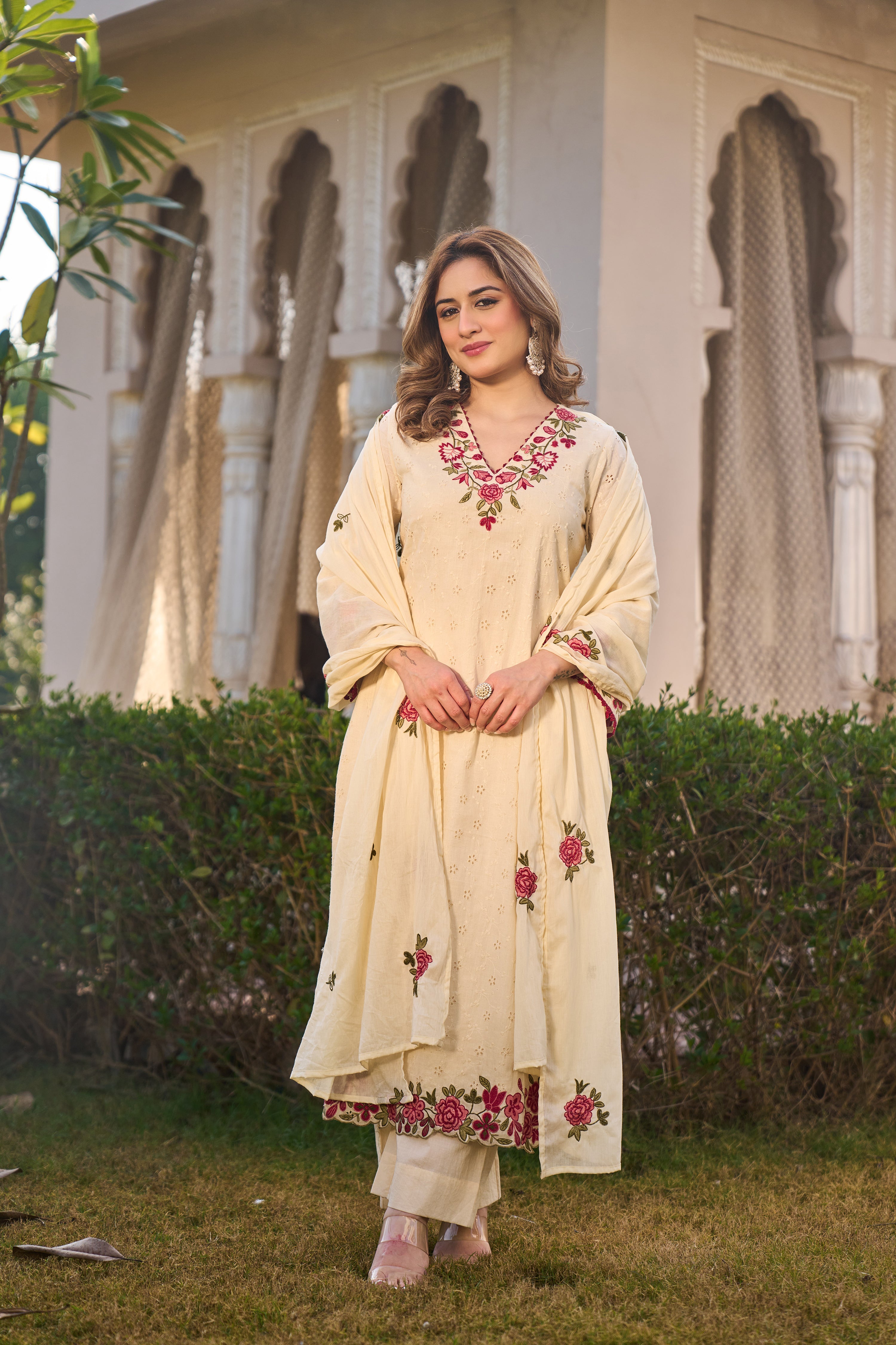 Ivory Blossom Cotton Chiffli Suit Set