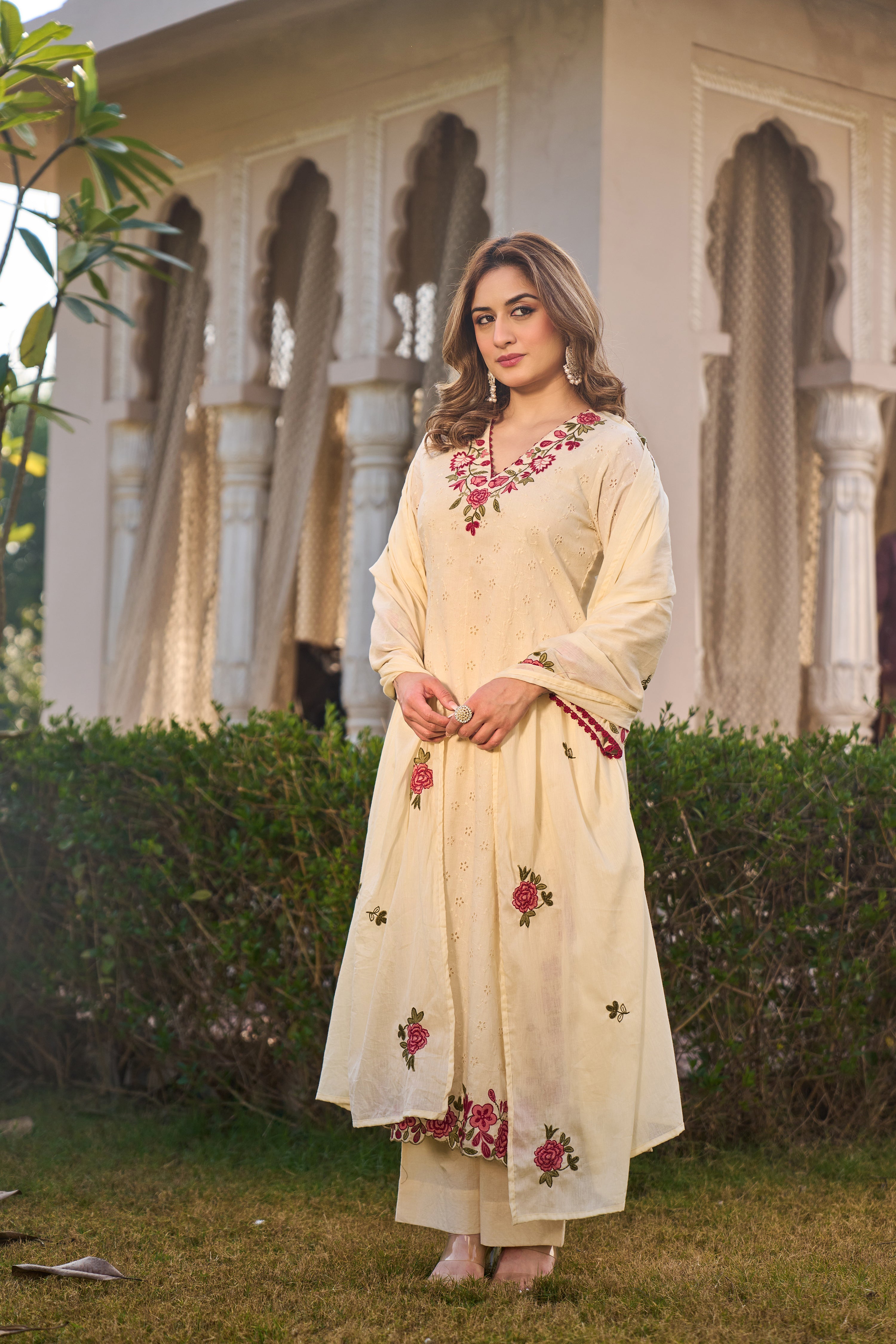 Ivory Blossom Cotton Chiffli Suit Set