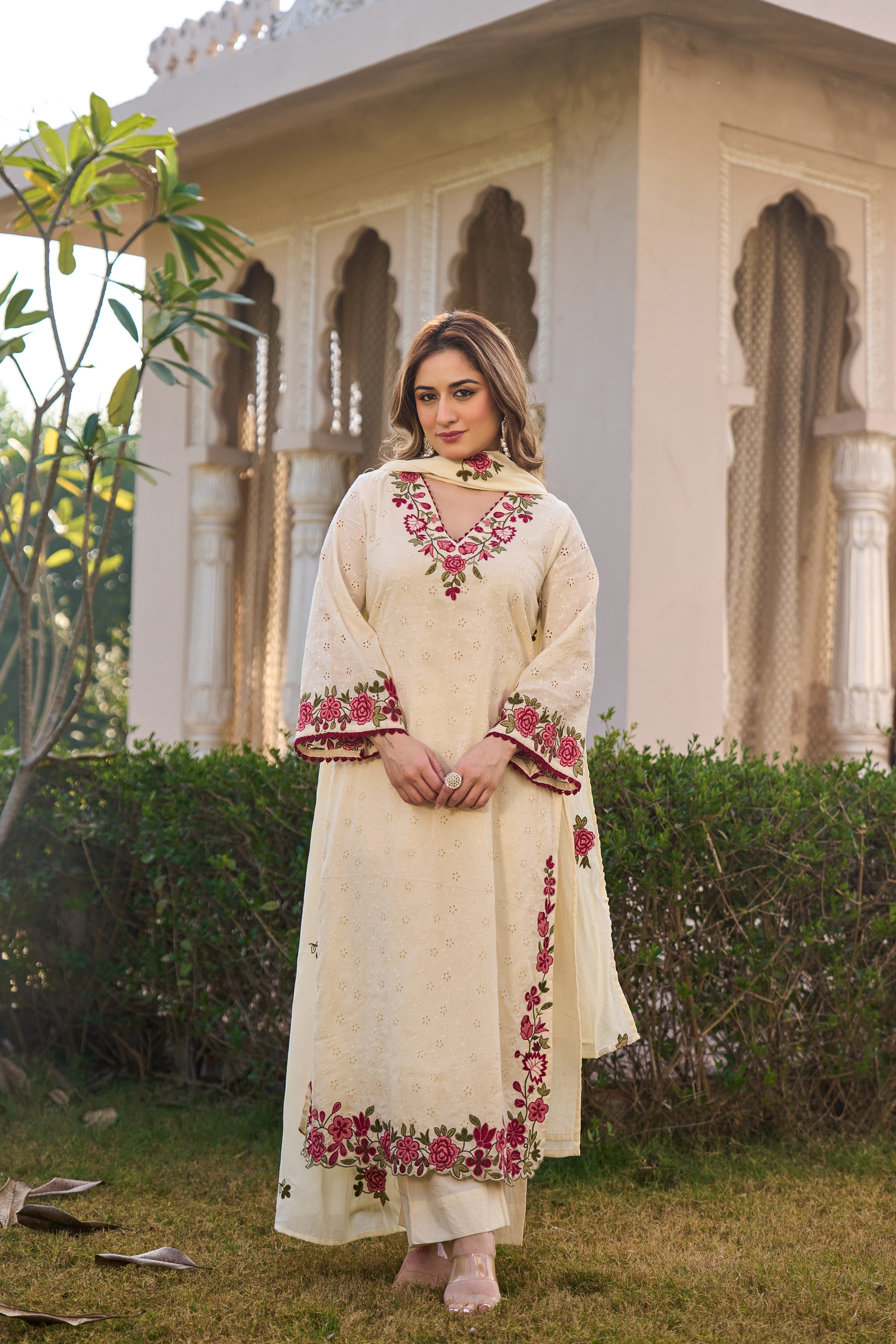 Ivory Blossom Cotton Chiffli Suit Set