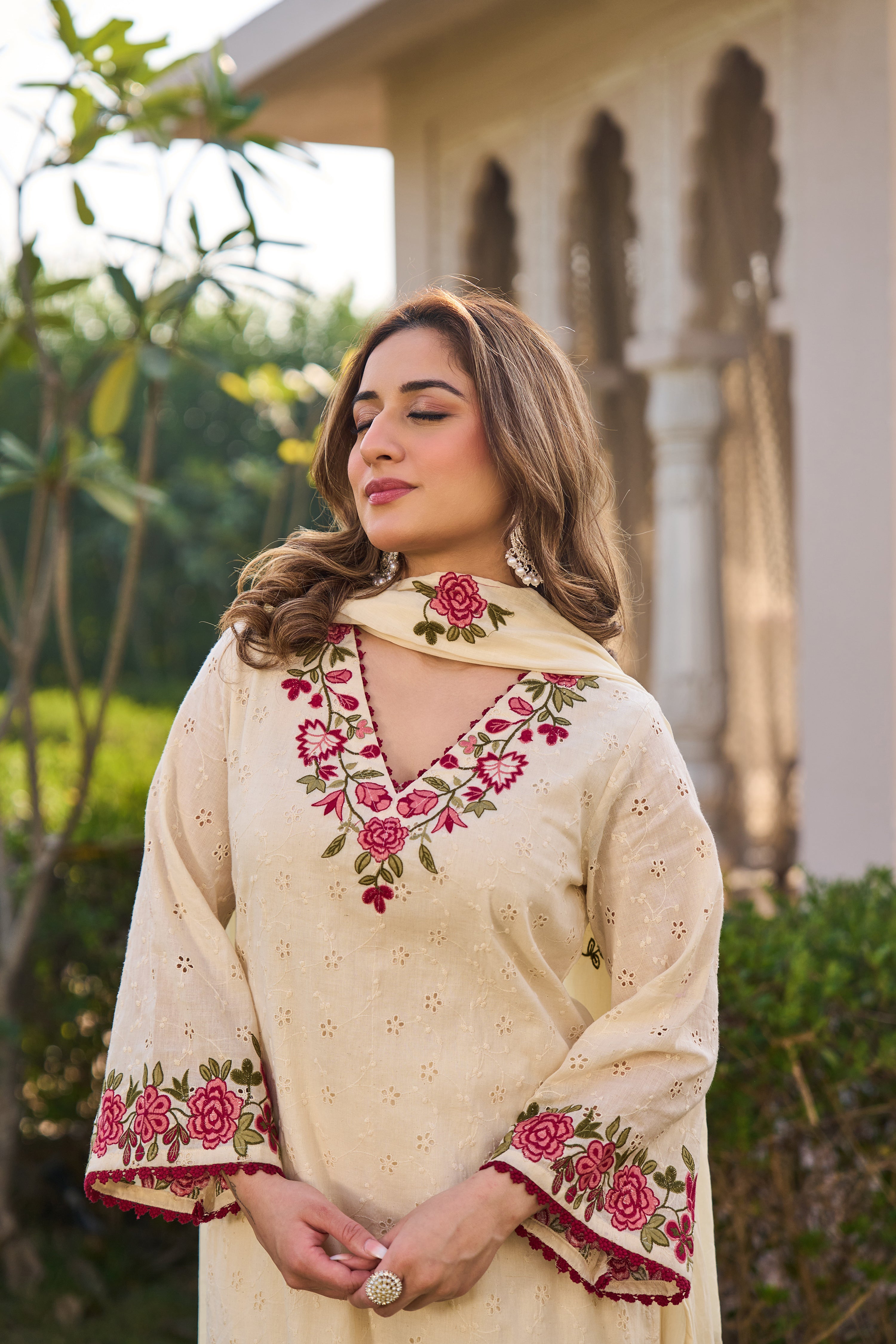 Ivory Blossom Cotton Chiffli Suit Set