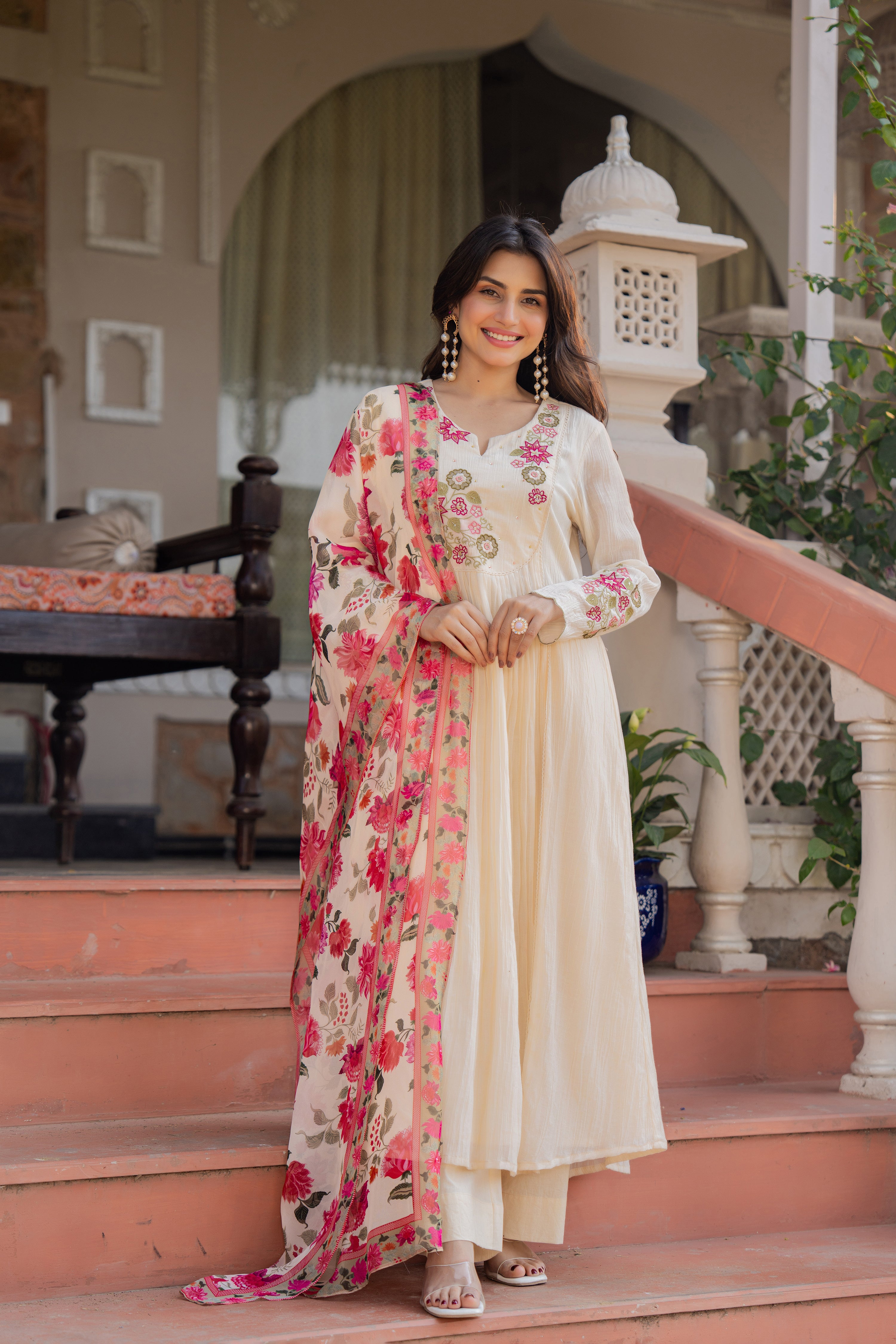 Cream Floral Elegance Suit Set