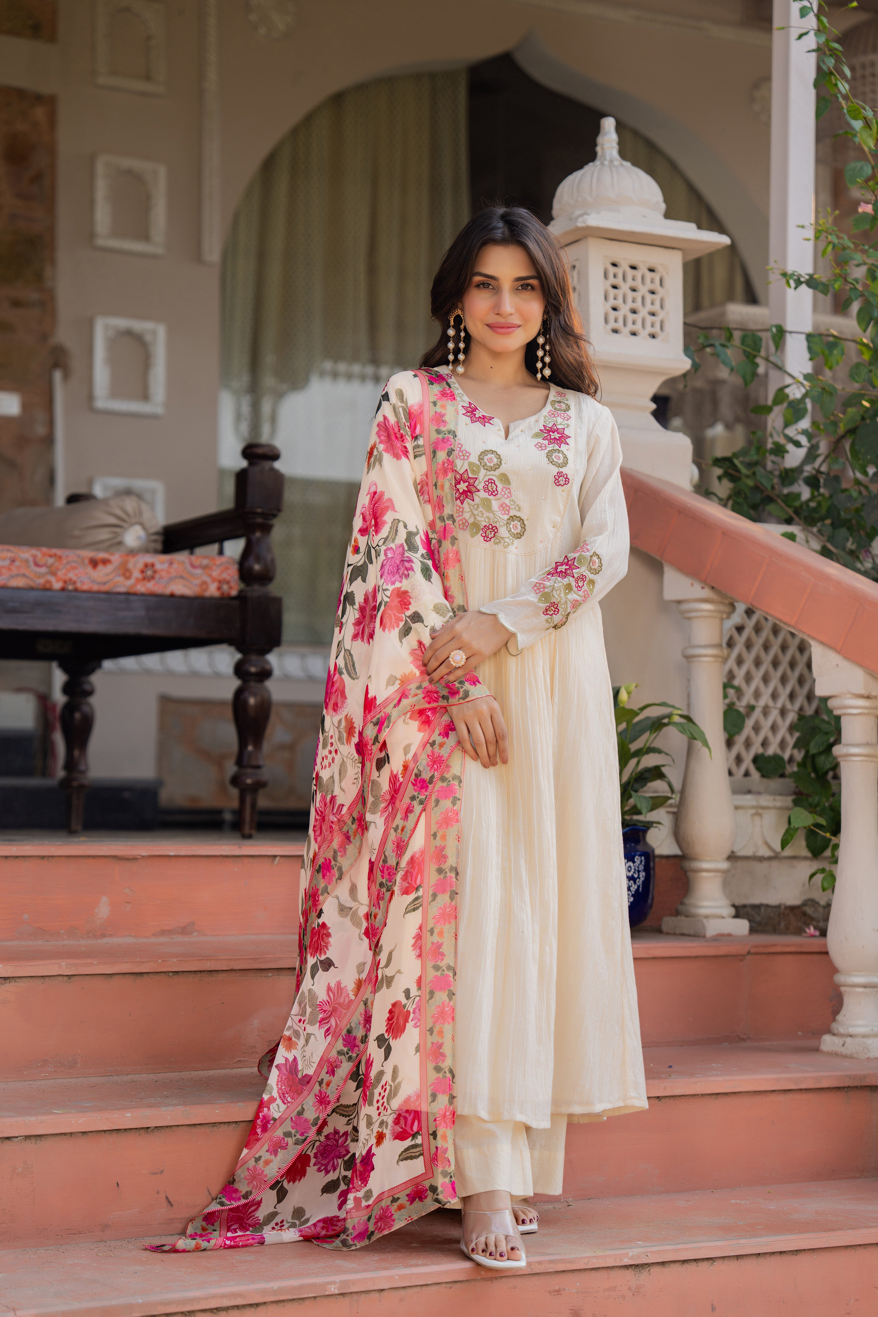 Cream Floral Elegance Suit Set