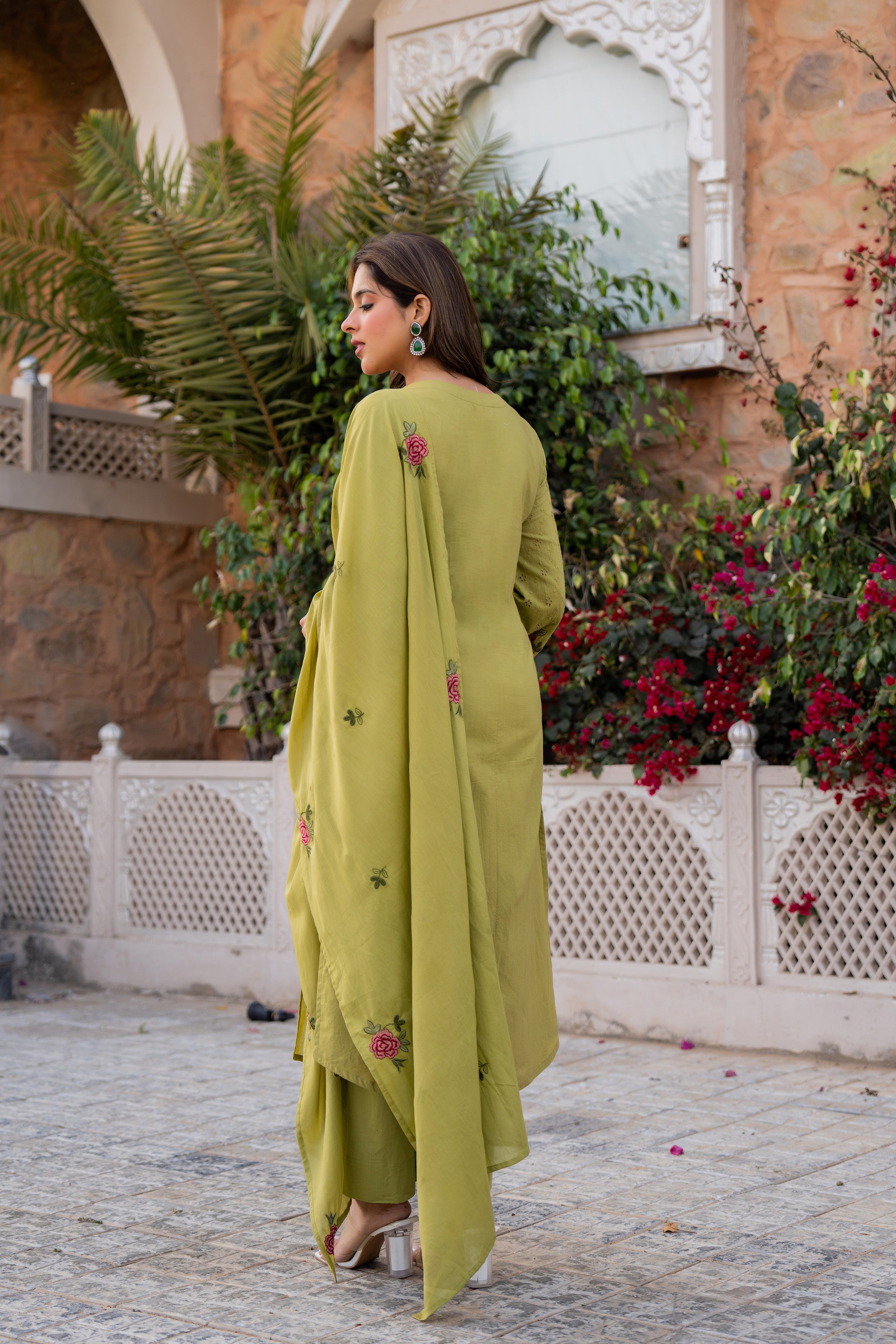 Olive Bloom Cotton Chiffli Suit Set