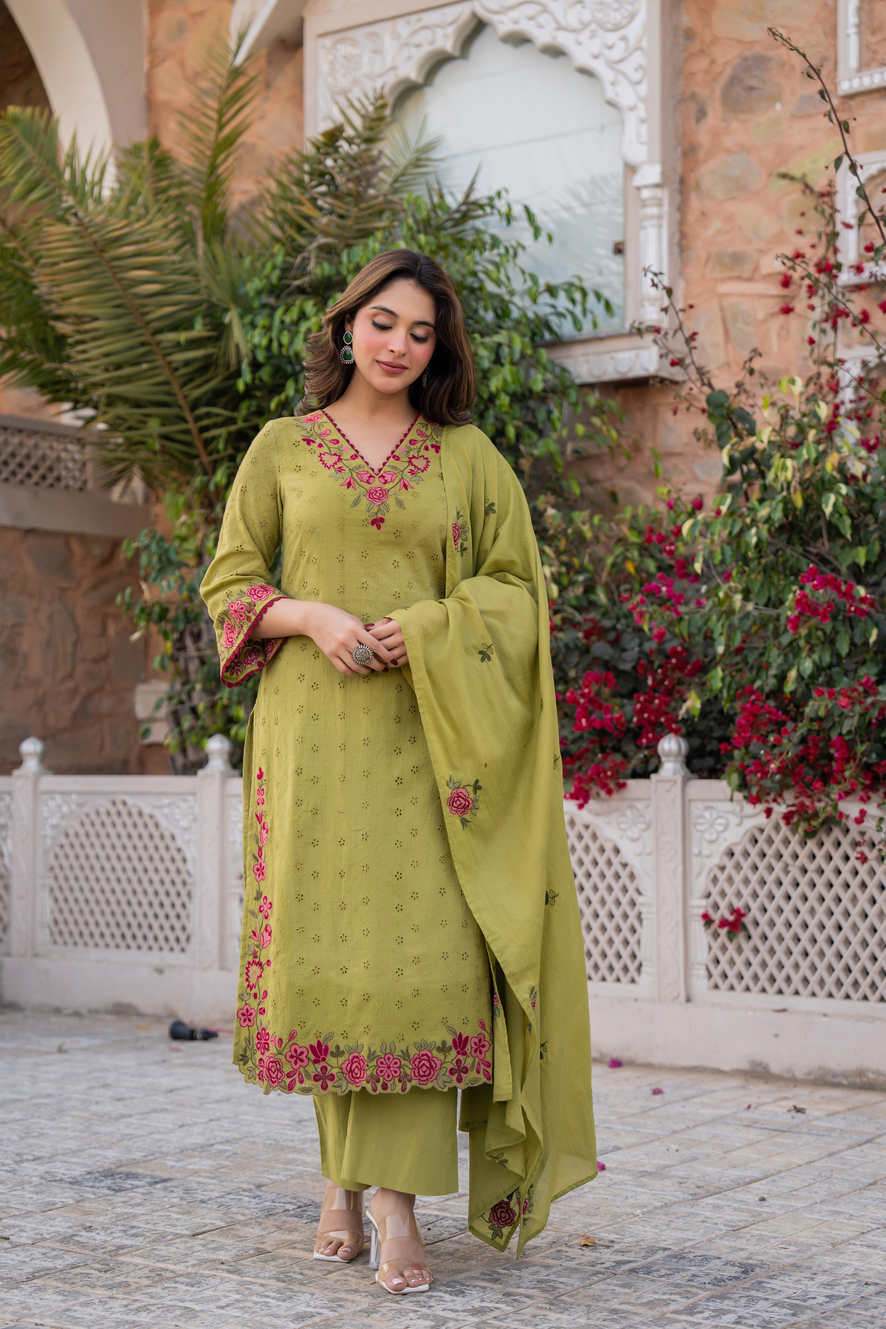Olive Bloom Cotton Chiffli Suit Set