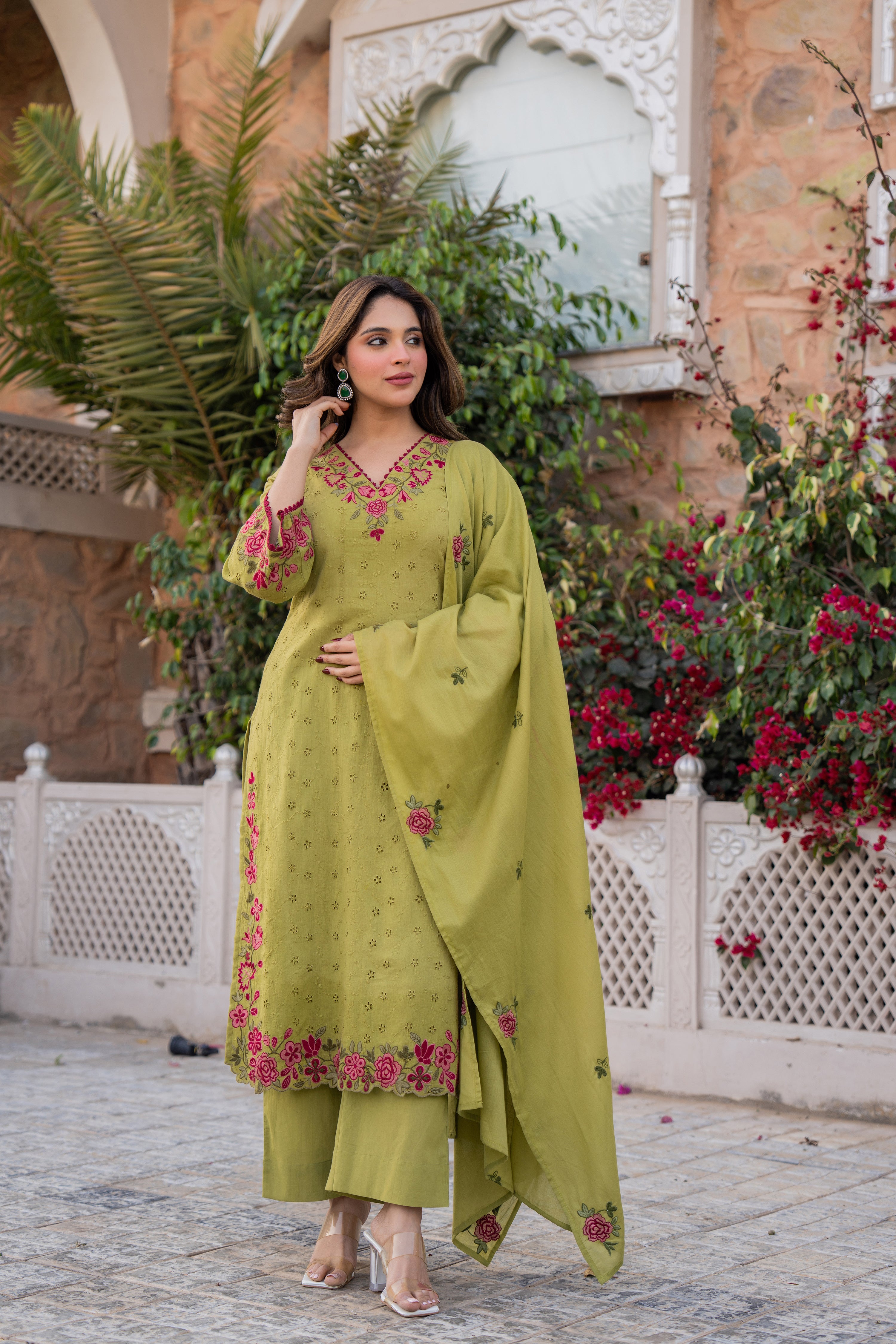Olive Bloom Cotton Chiffli Suit Set