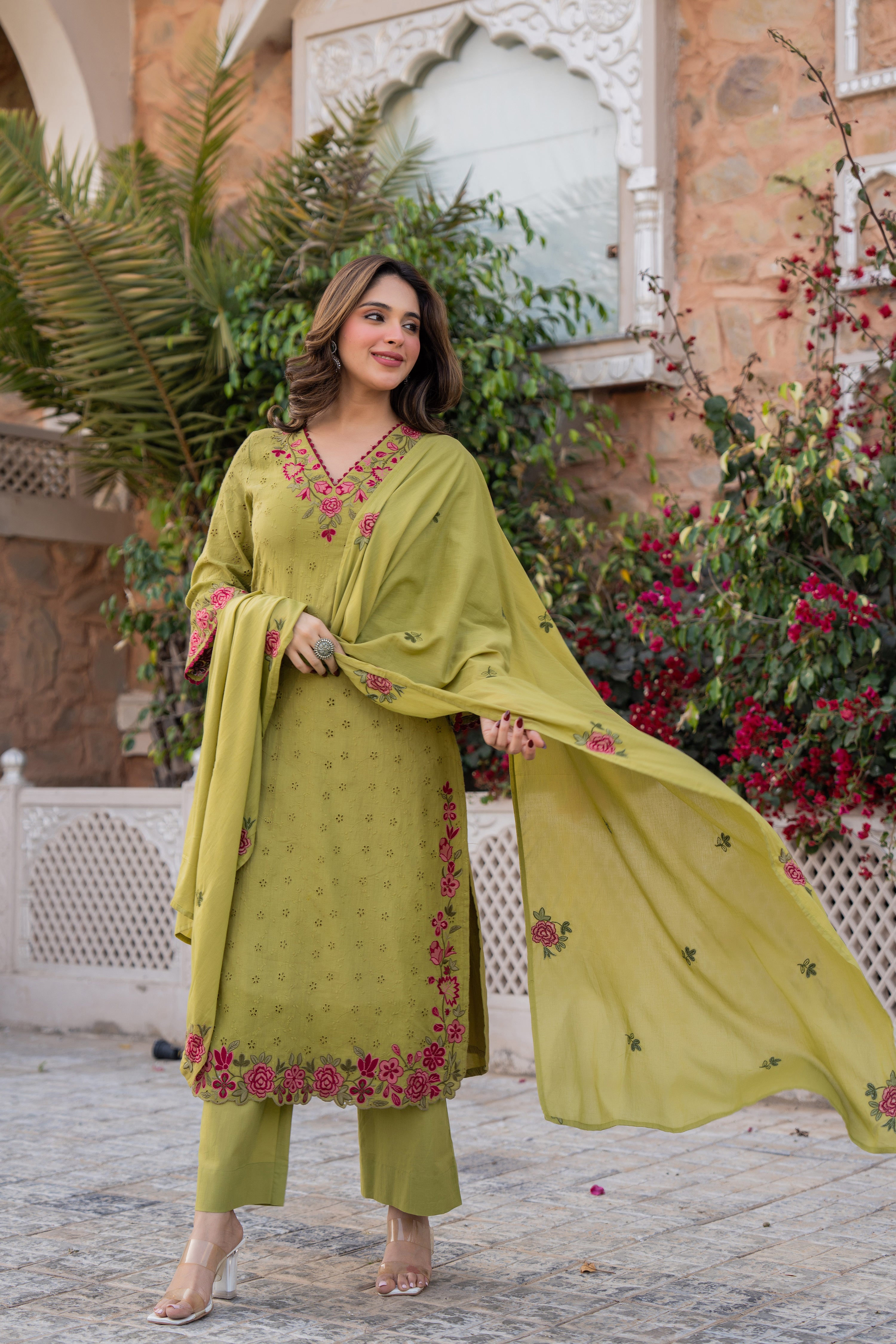 Olive Bloom Cotton Chiffli Suit Set