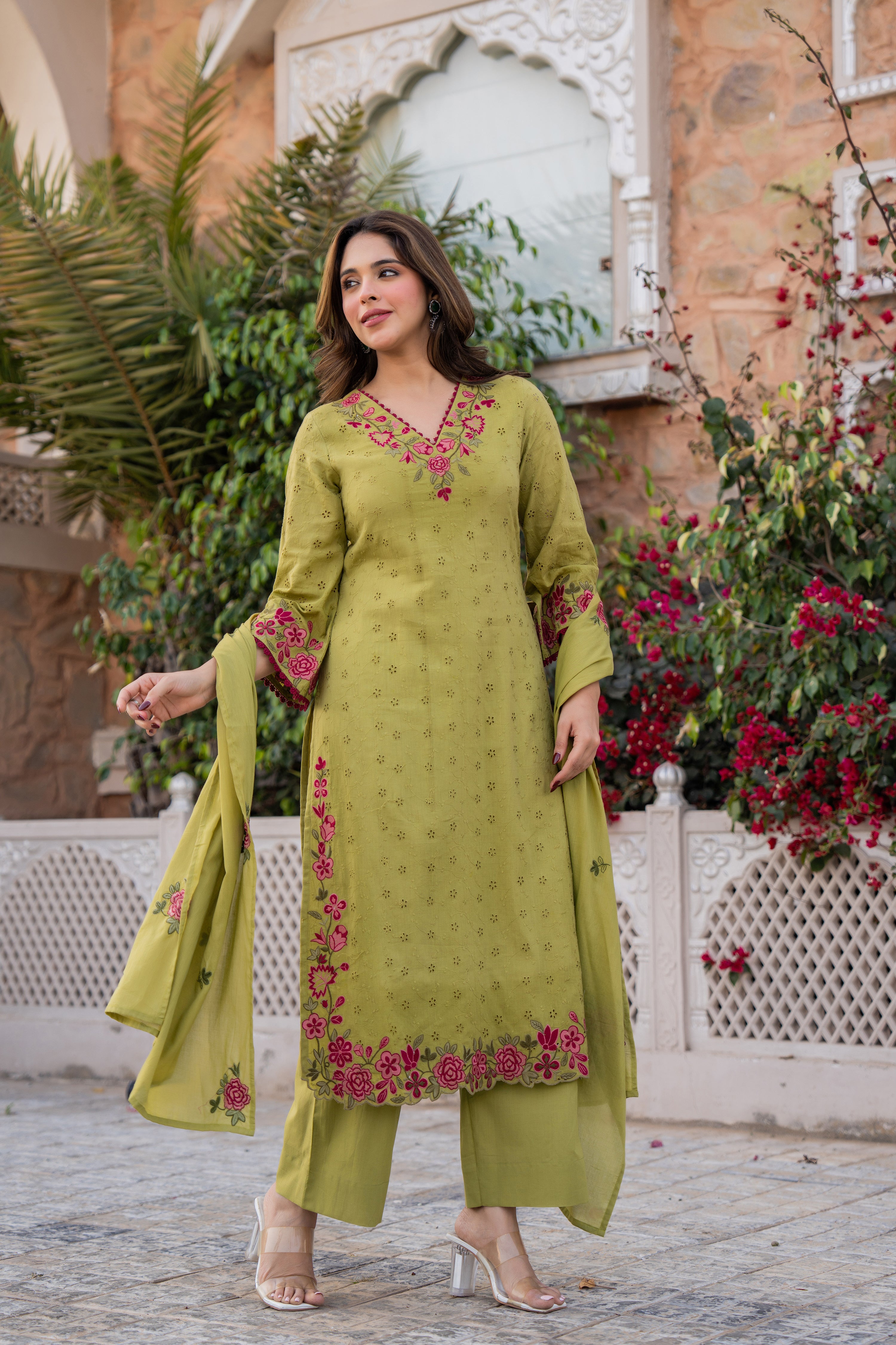 Olive Bloom Cotton Chiffli Suit Set