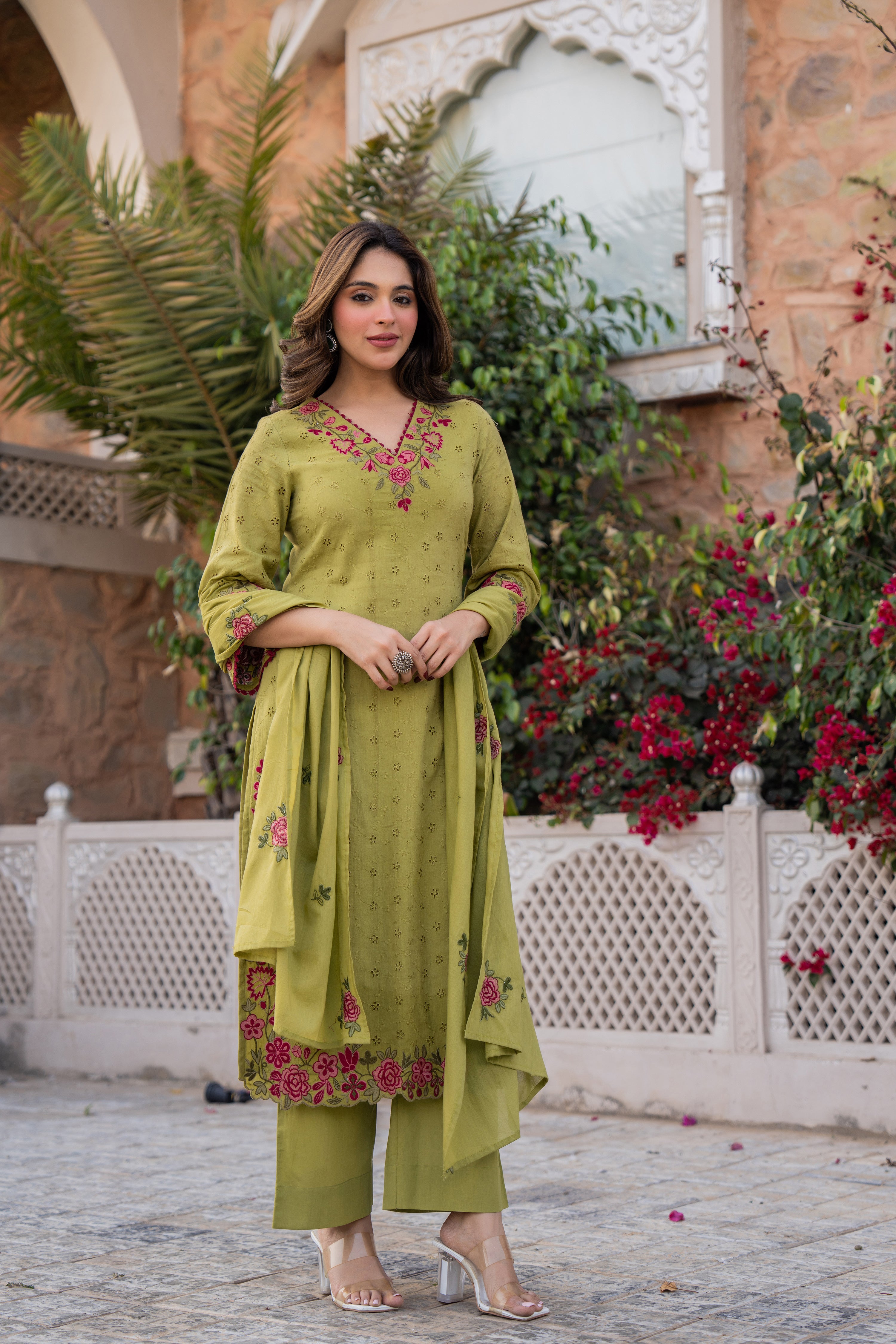 Olive Bloom Cotton Chiffli Suit Set