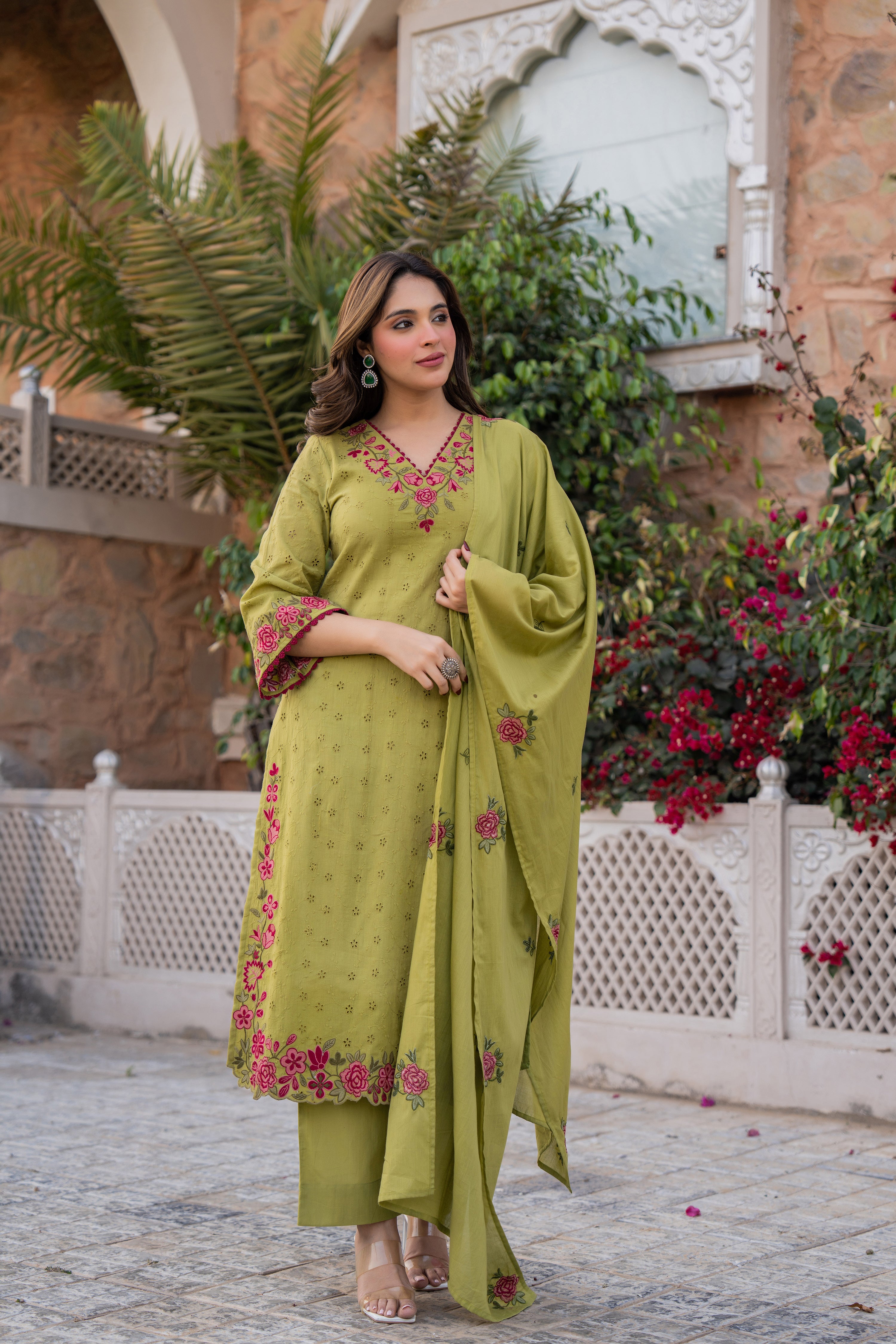 Olive Bloom Cotton Chiffli Suit Set