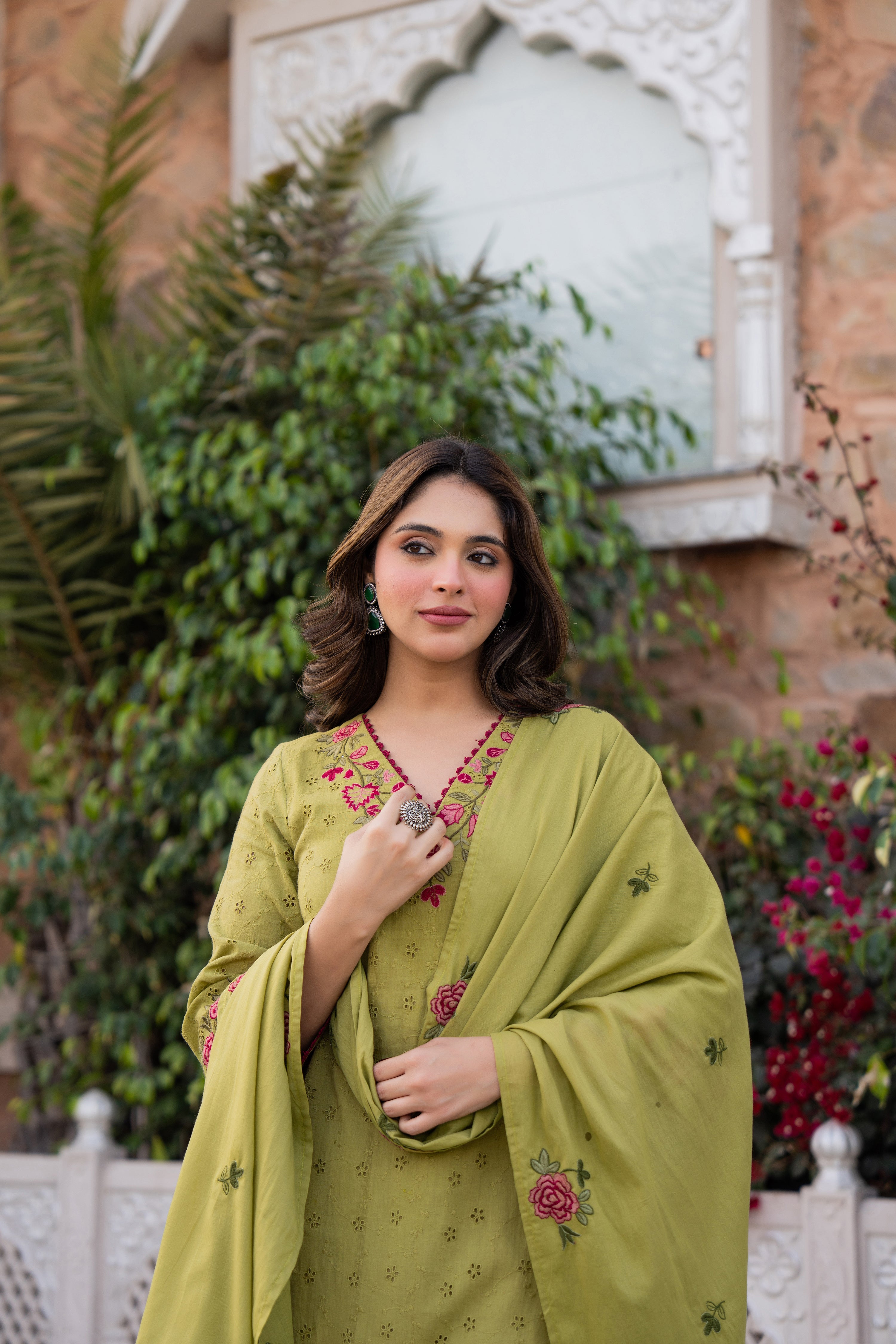 Olive Bloom Cotton Chiffli Suit Set