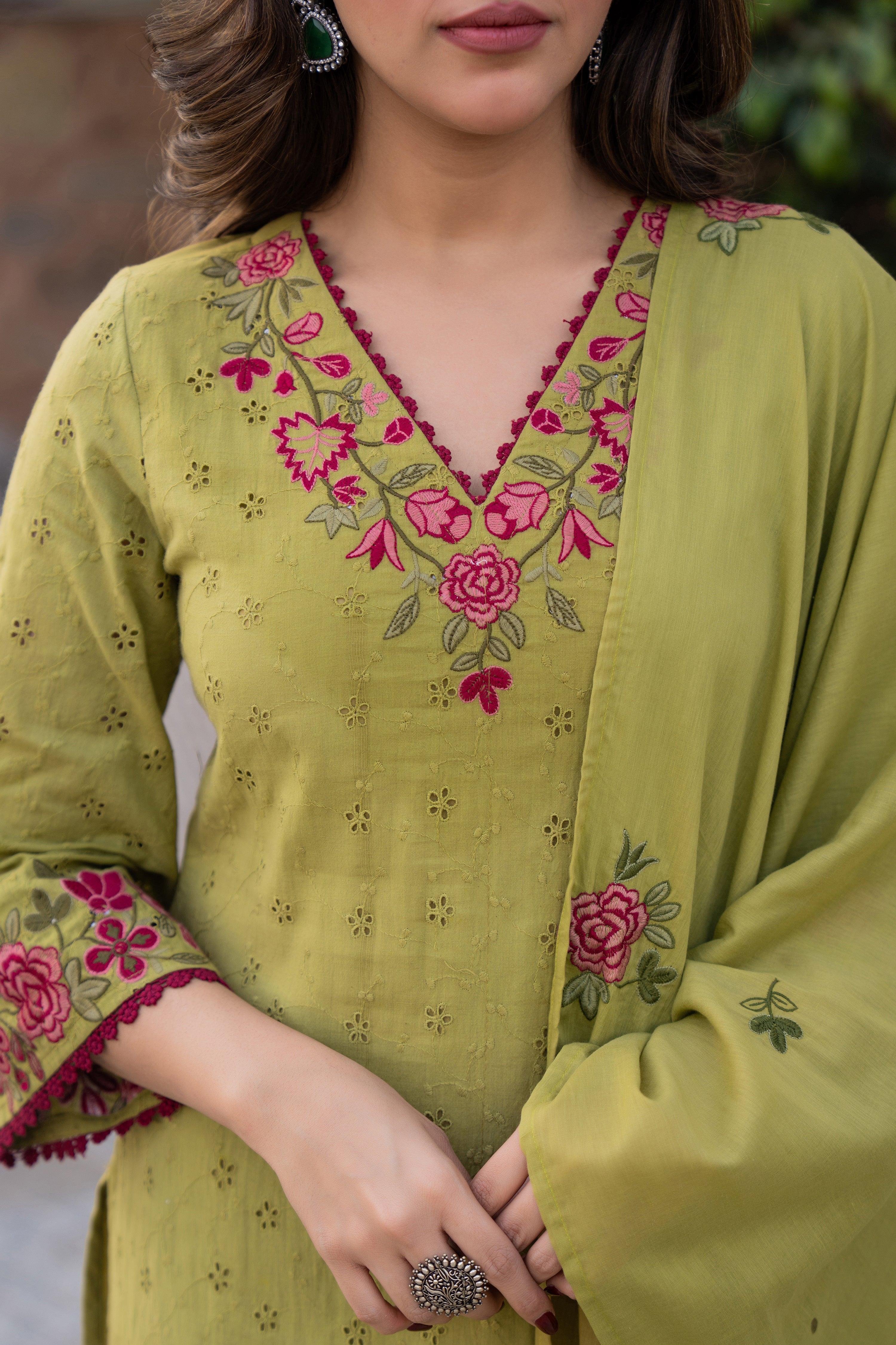 Olive Bloom Cotton Chiffli Suit Set