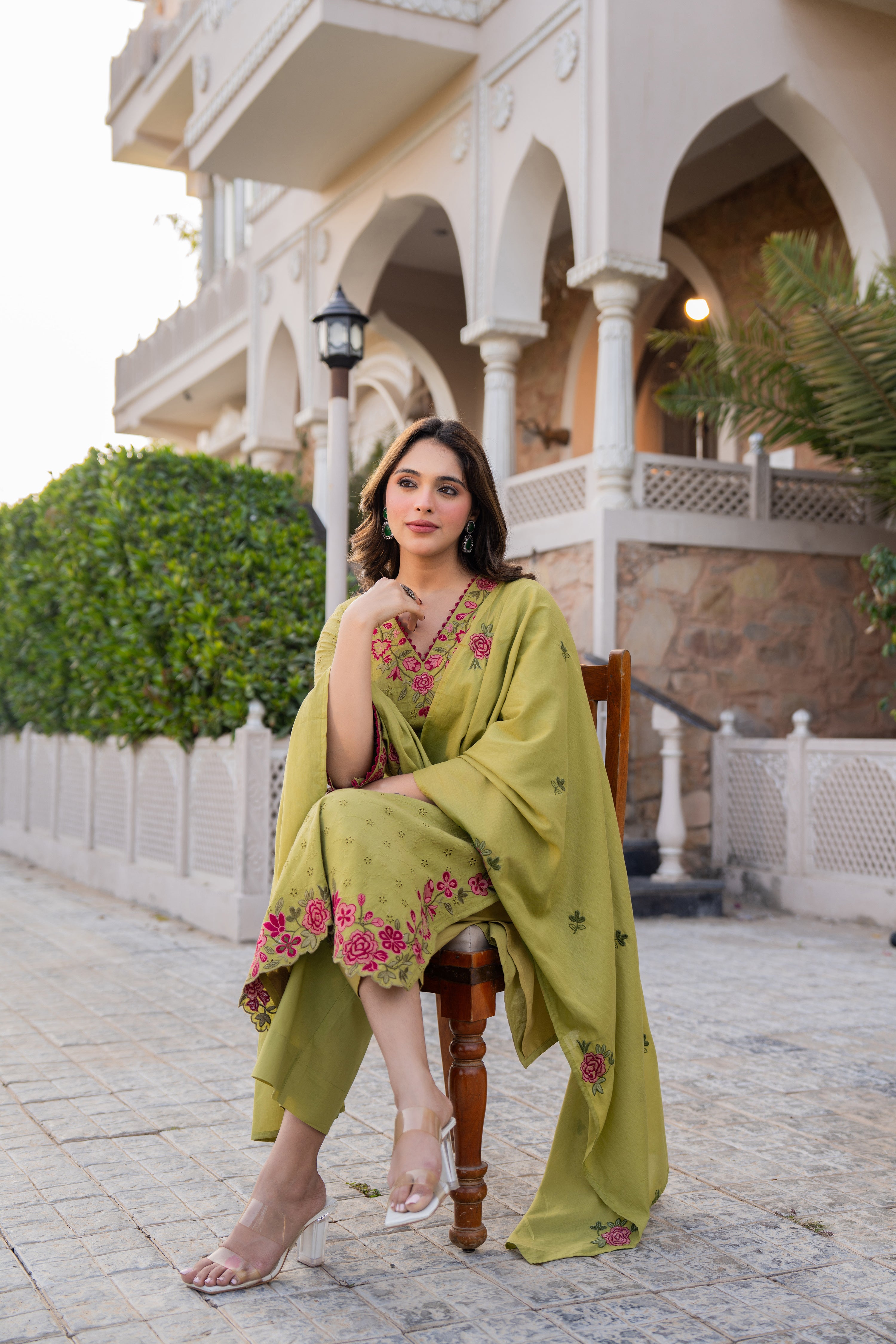 Olive Bloom Cotton Chiffli Suit Set