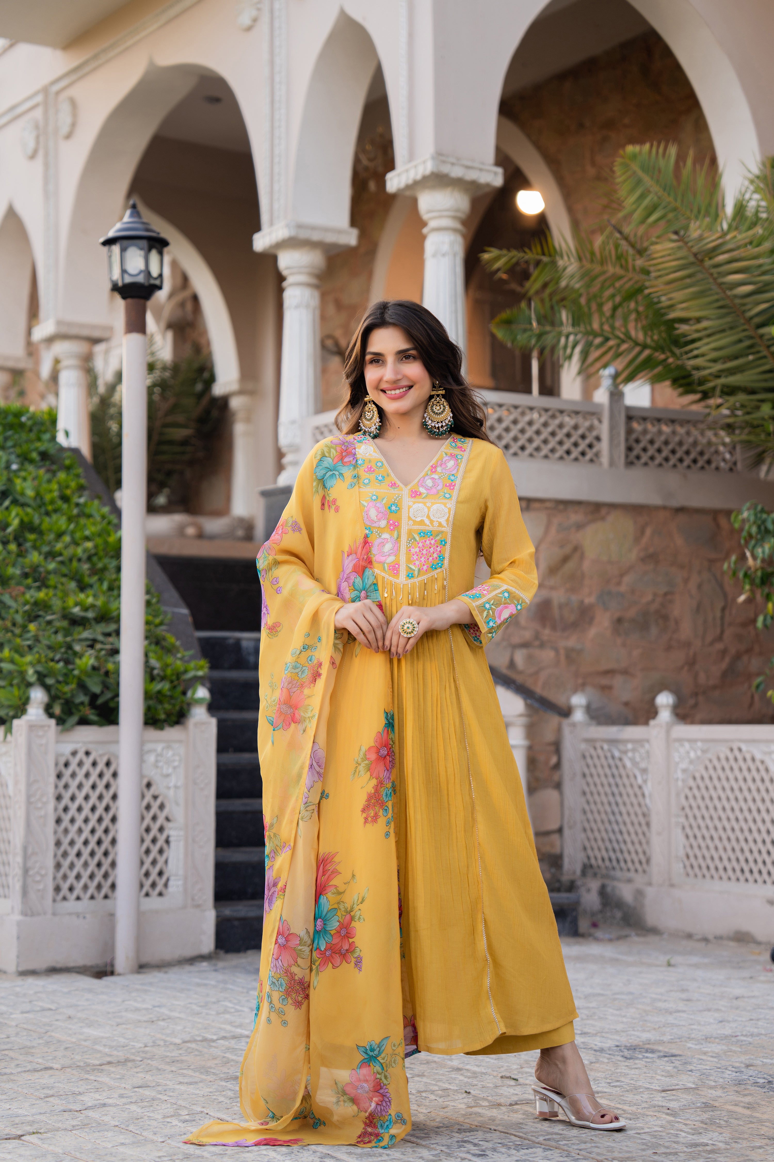 Mustard Yellow Crush Embroidered Suit Set