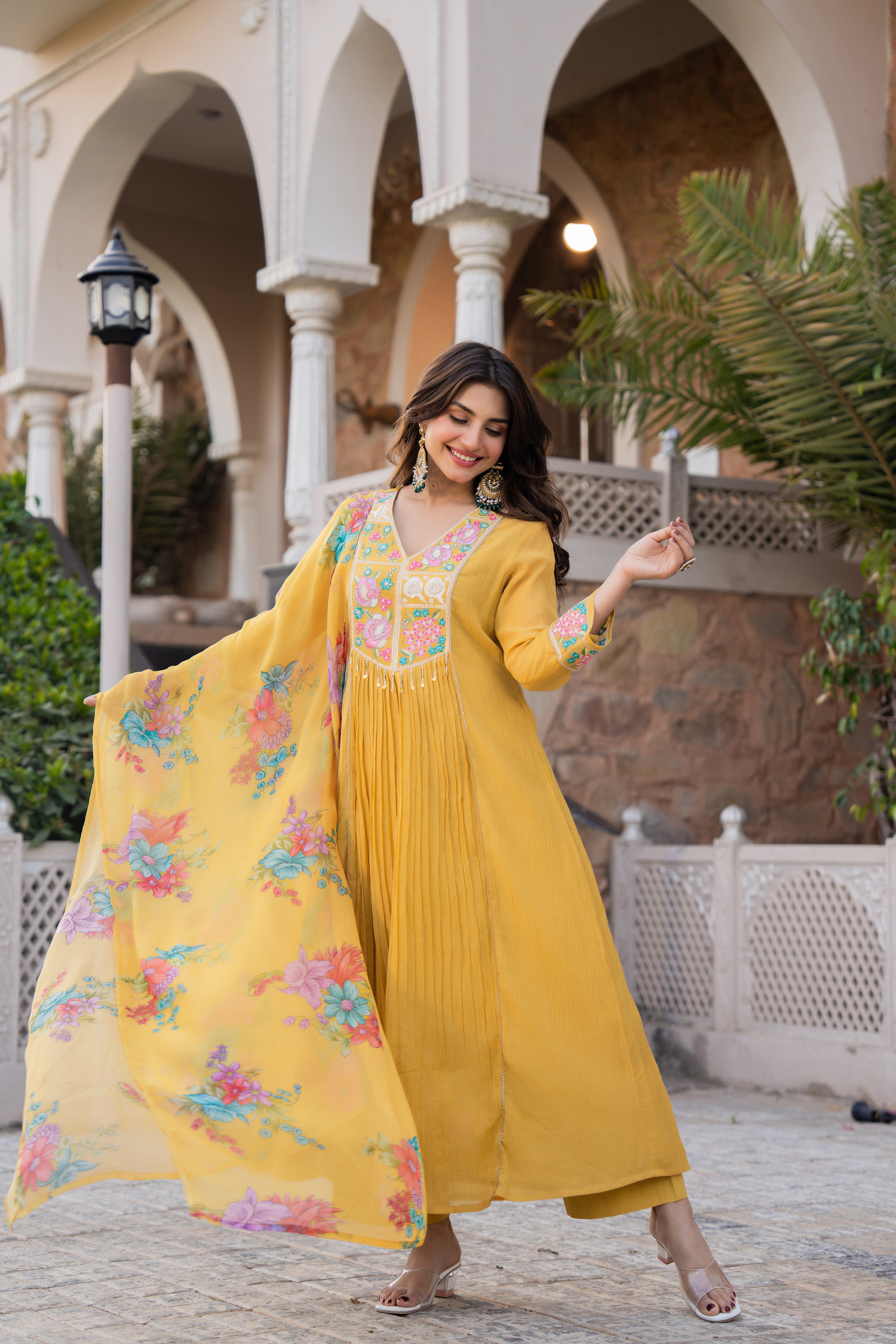 Mustard Yellow Crush Embroidered Suit Set