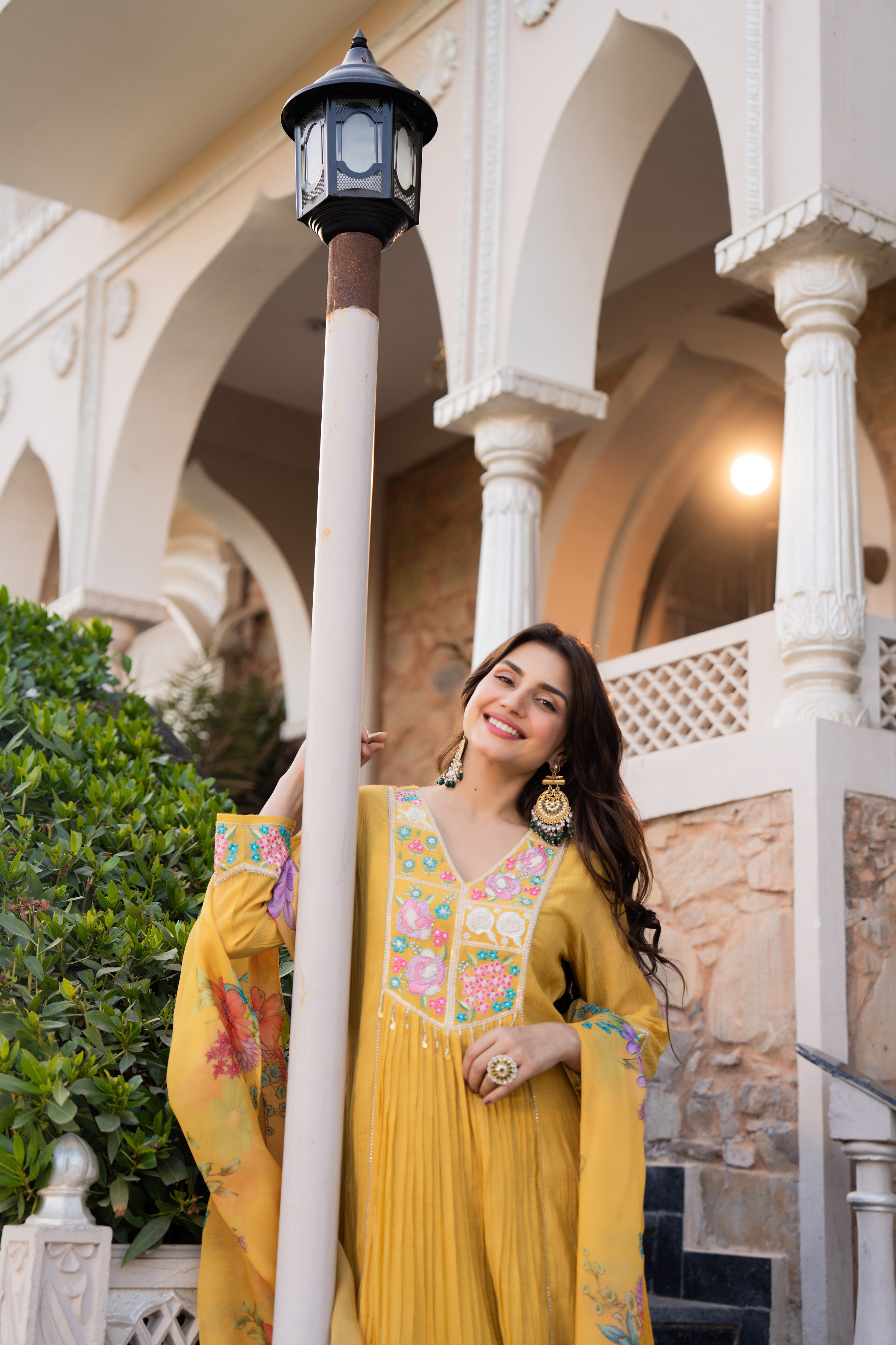 Mustard Yellow Crush Embroidered Suit Set