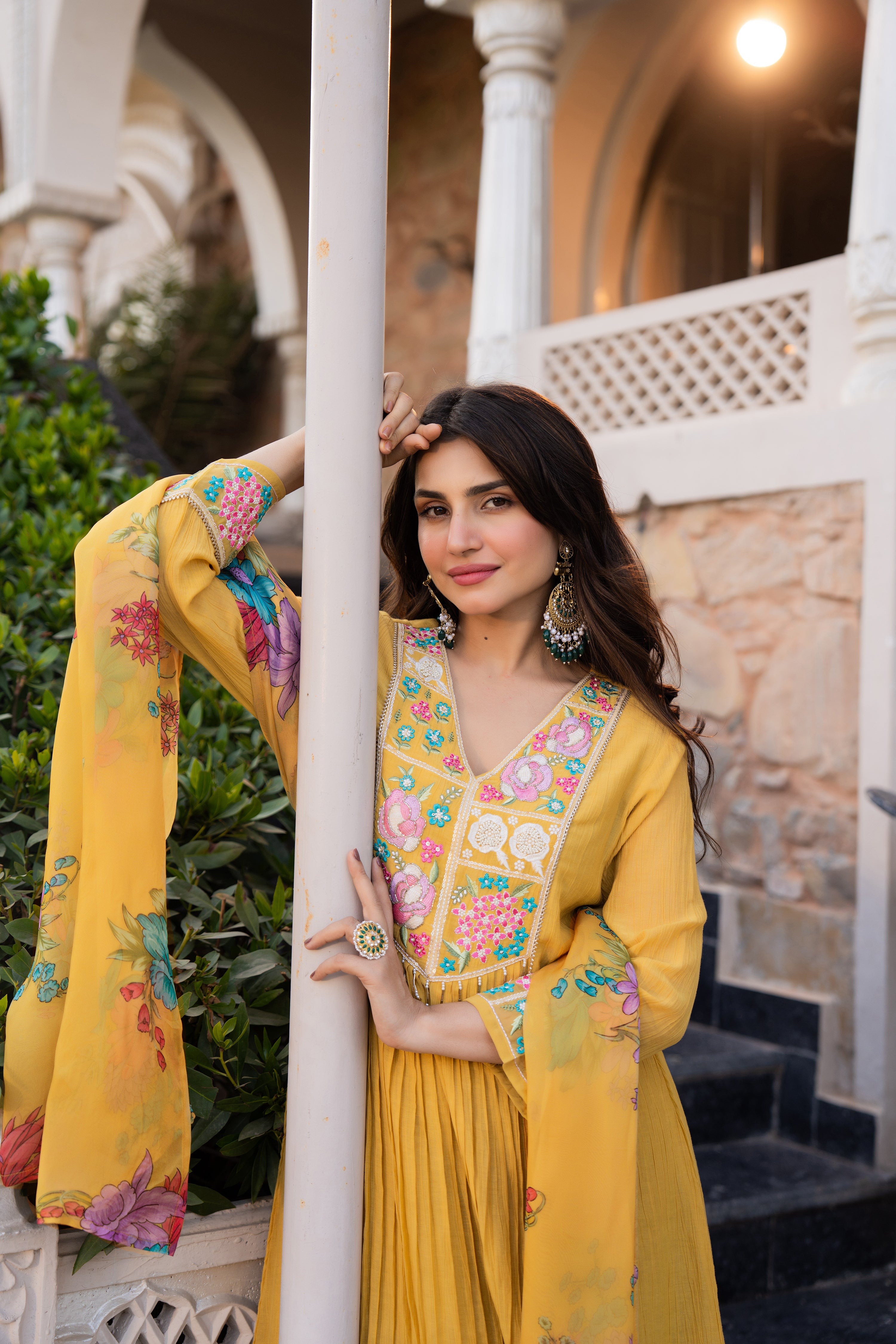 Mustard Yellow Crush Embroidered Suit Set
