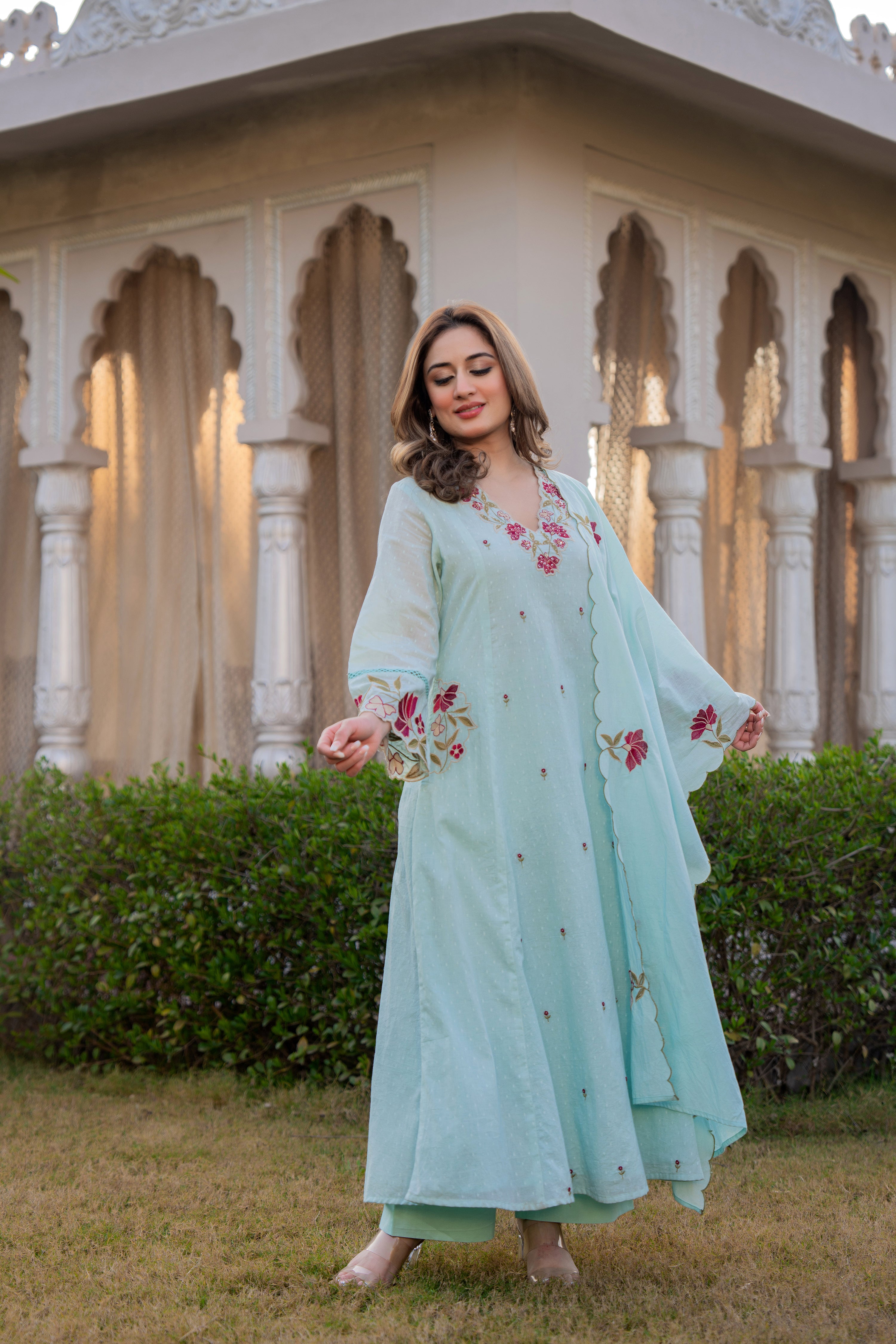 Azure Bloom Cotton Dobby Suit Set