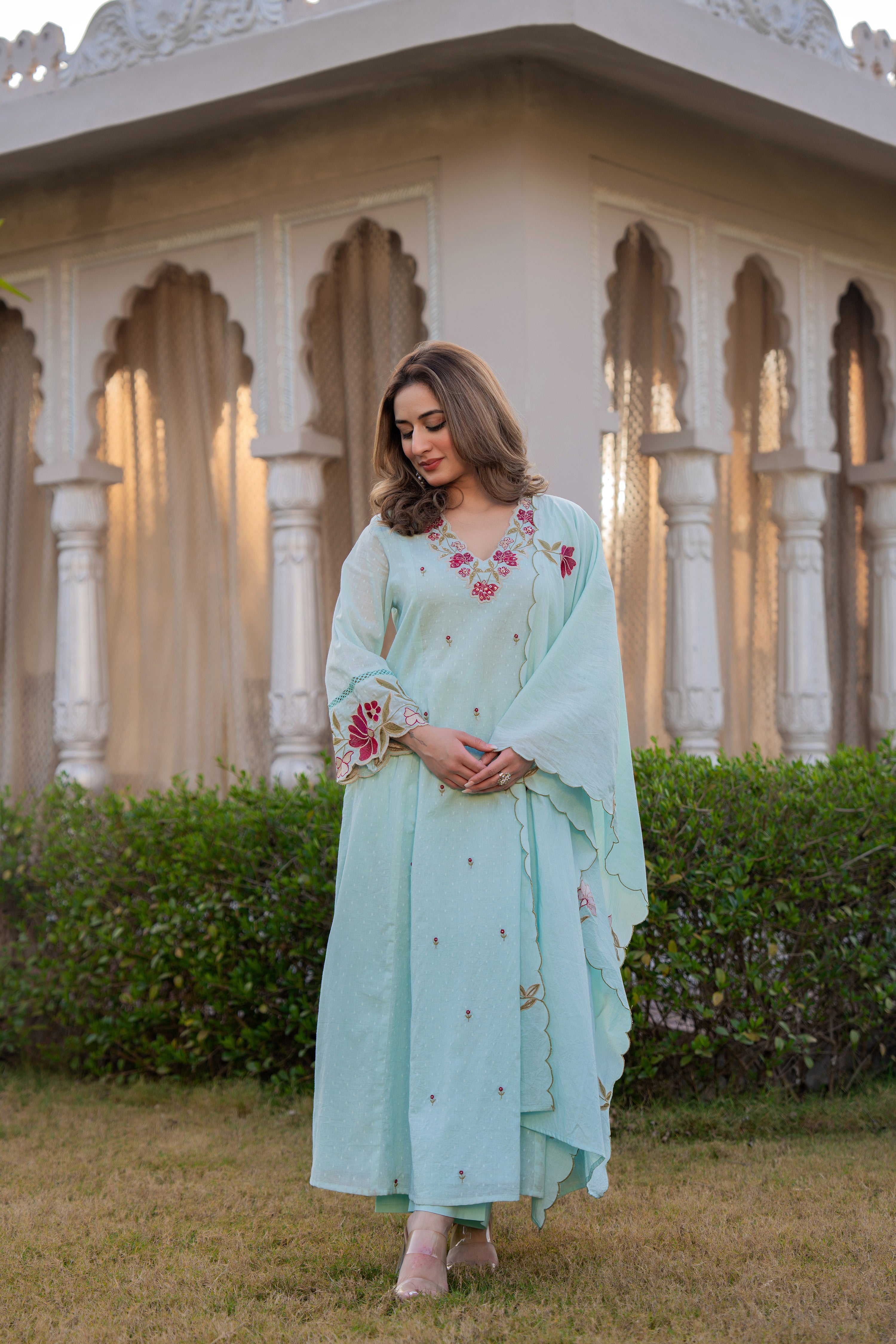 Azure Bloom Cotton Dobby Suit Set