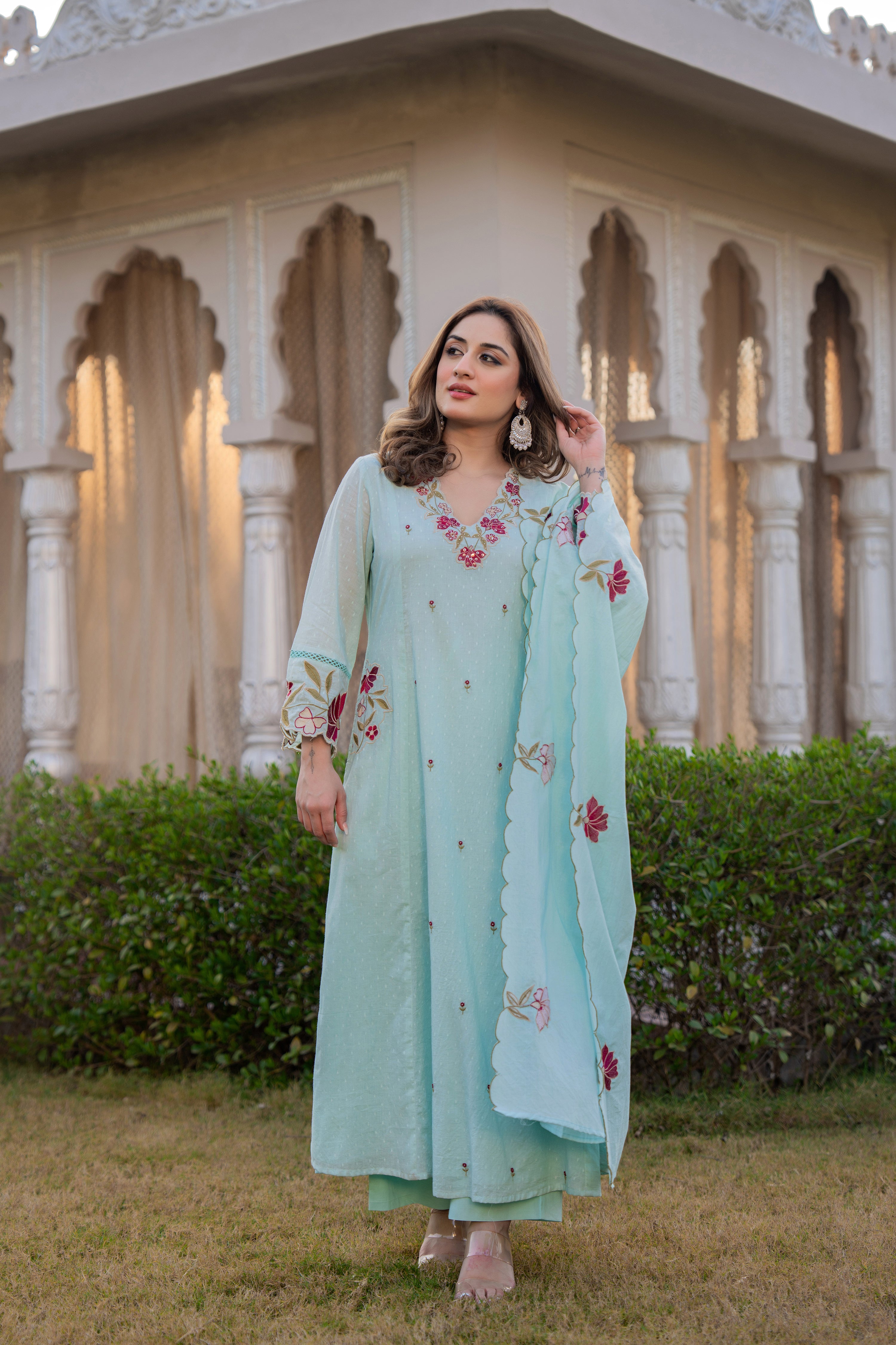 Azure Bloom Cotton Dobby Suit Set