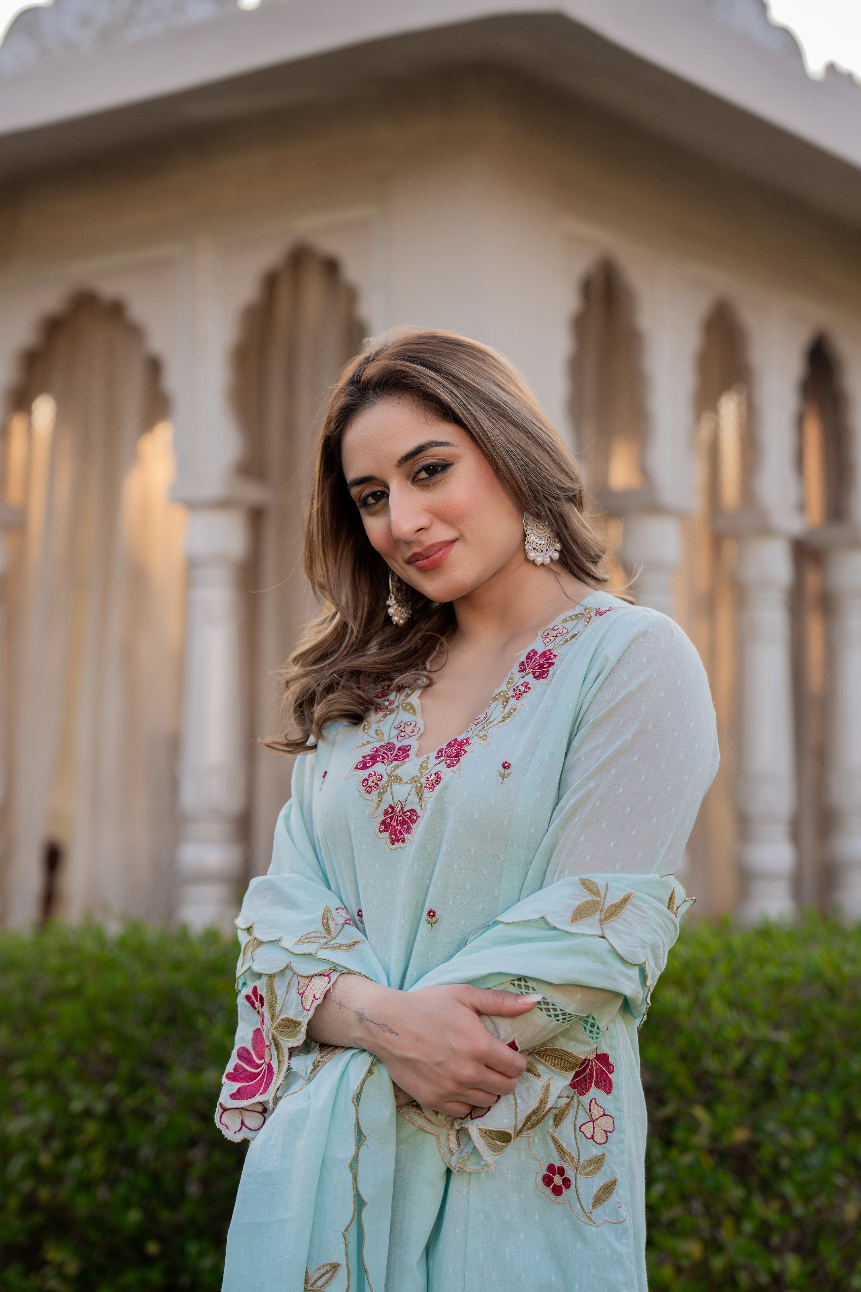 Azure Bloom Cotton Dobby Suit Set