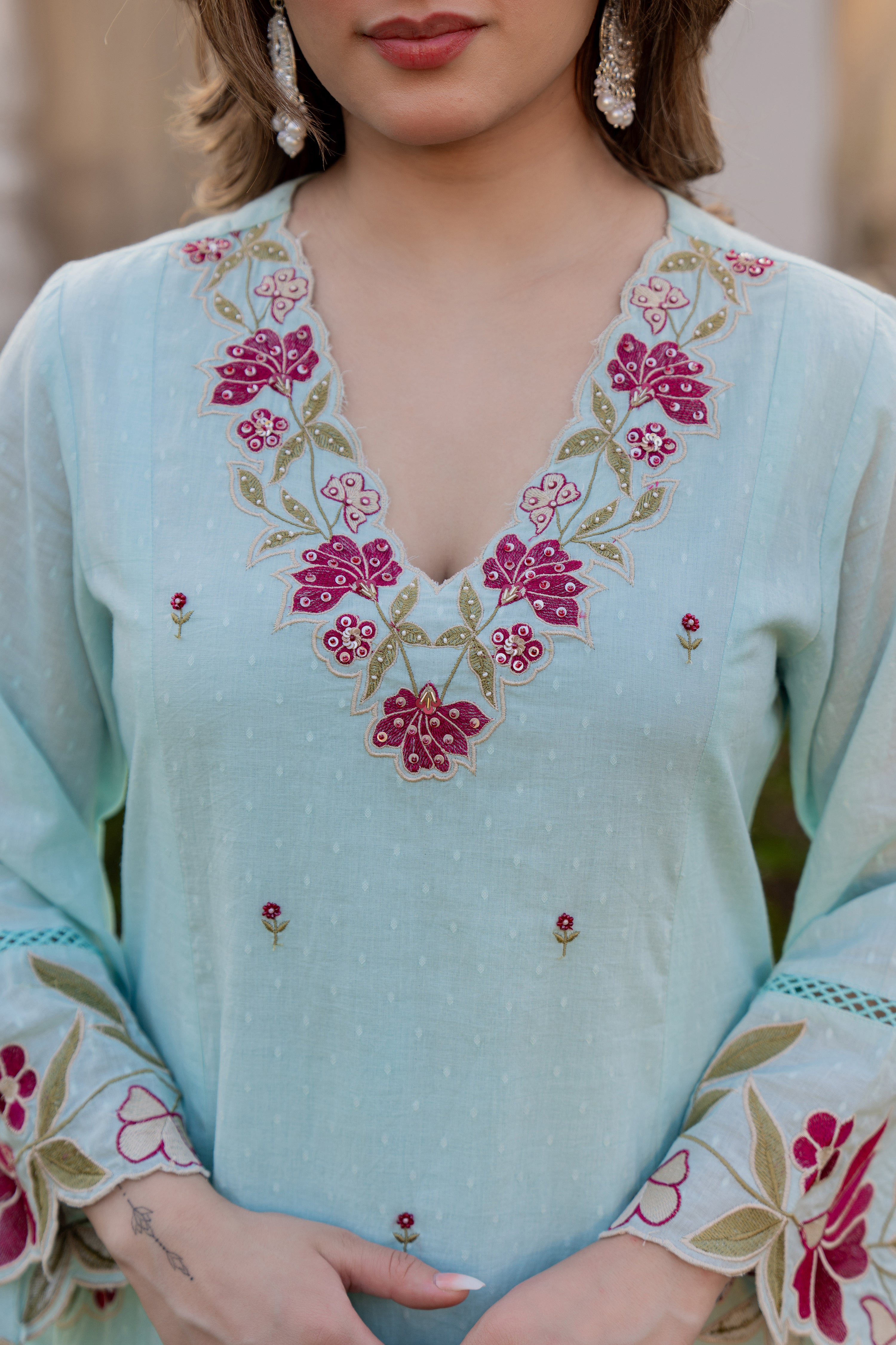 Azure Bloom Cotton Dobby Suit Set