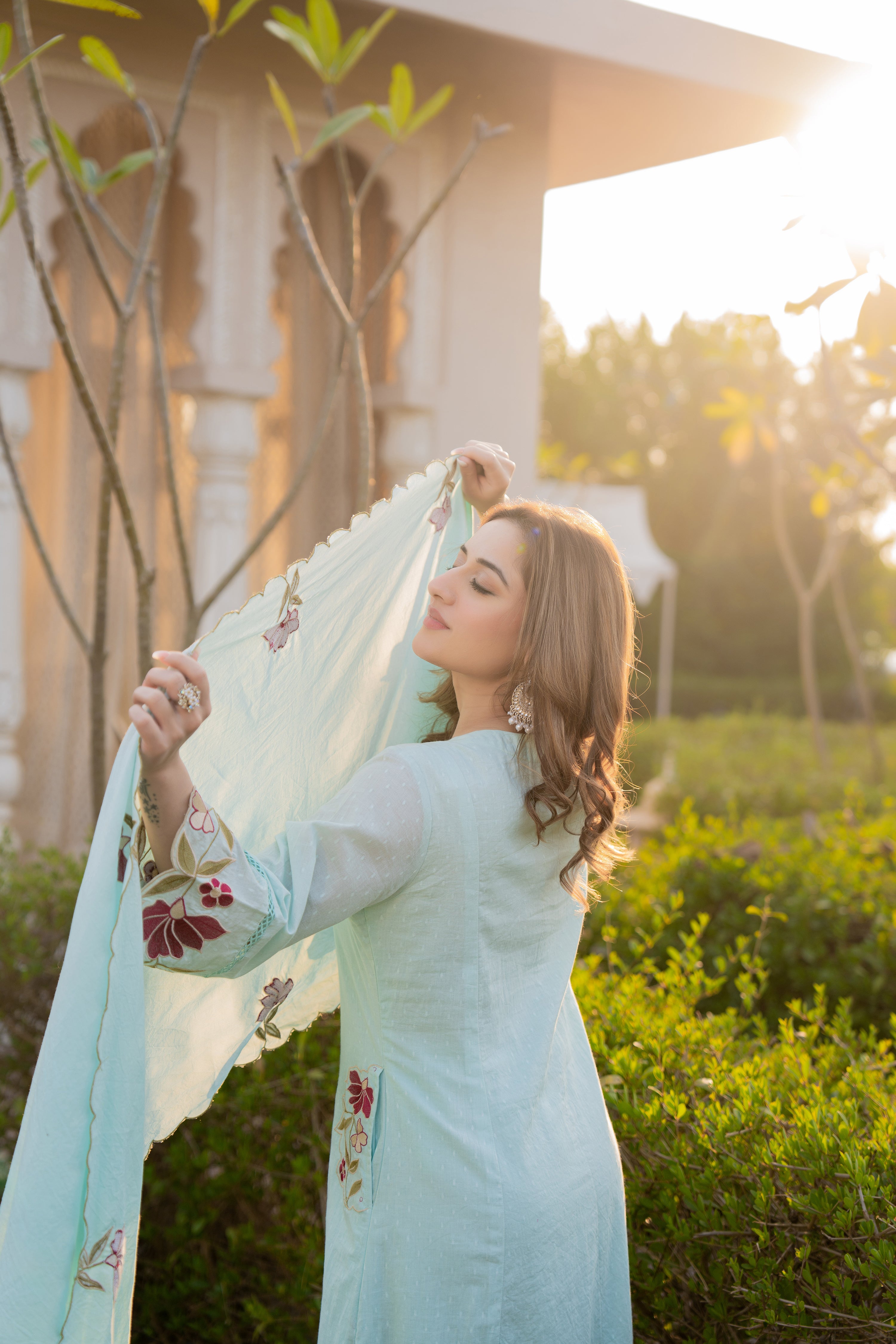 Azure Bloom Cotton Dobby Suit Set