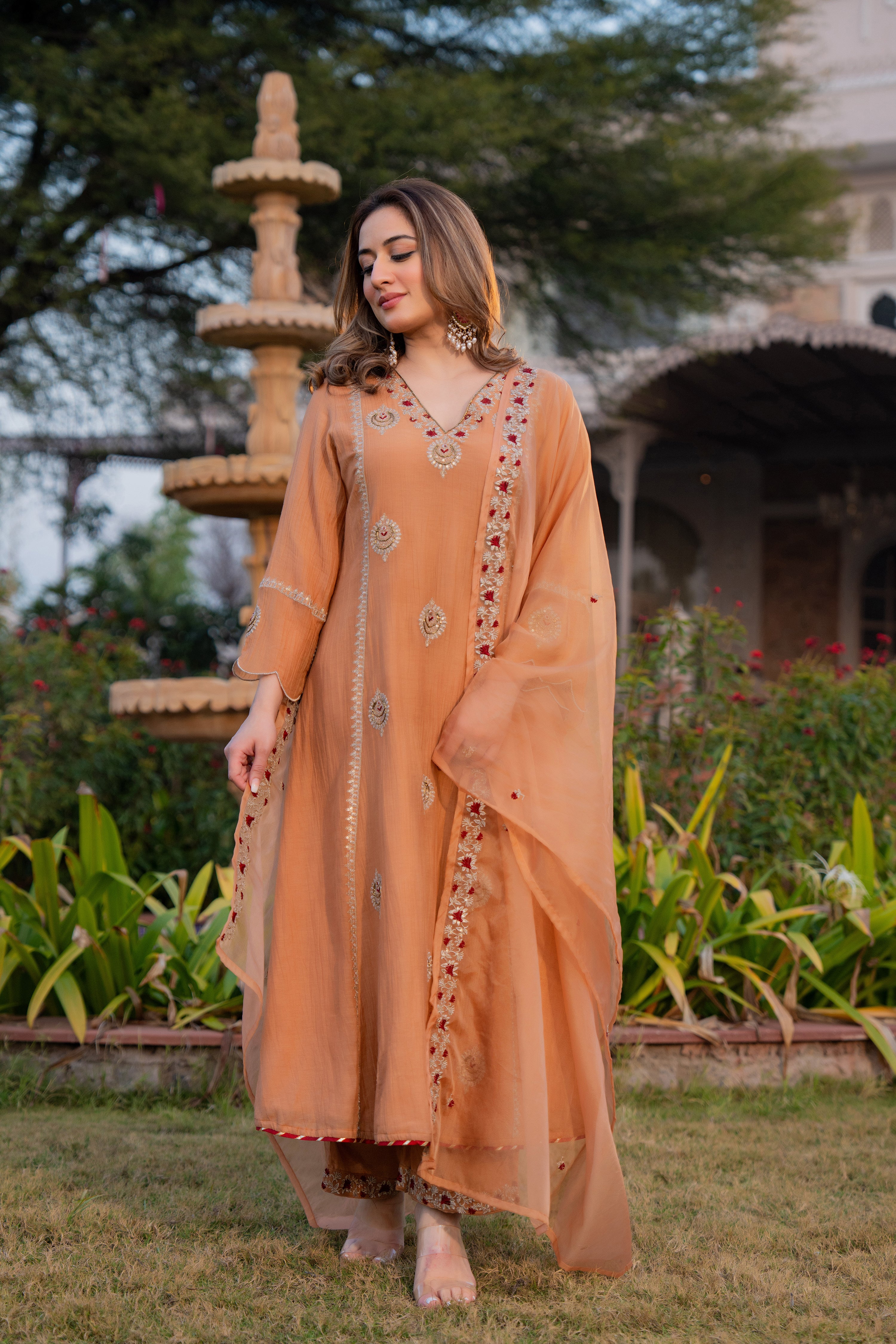 Soft Peach Chanderi Suit Set