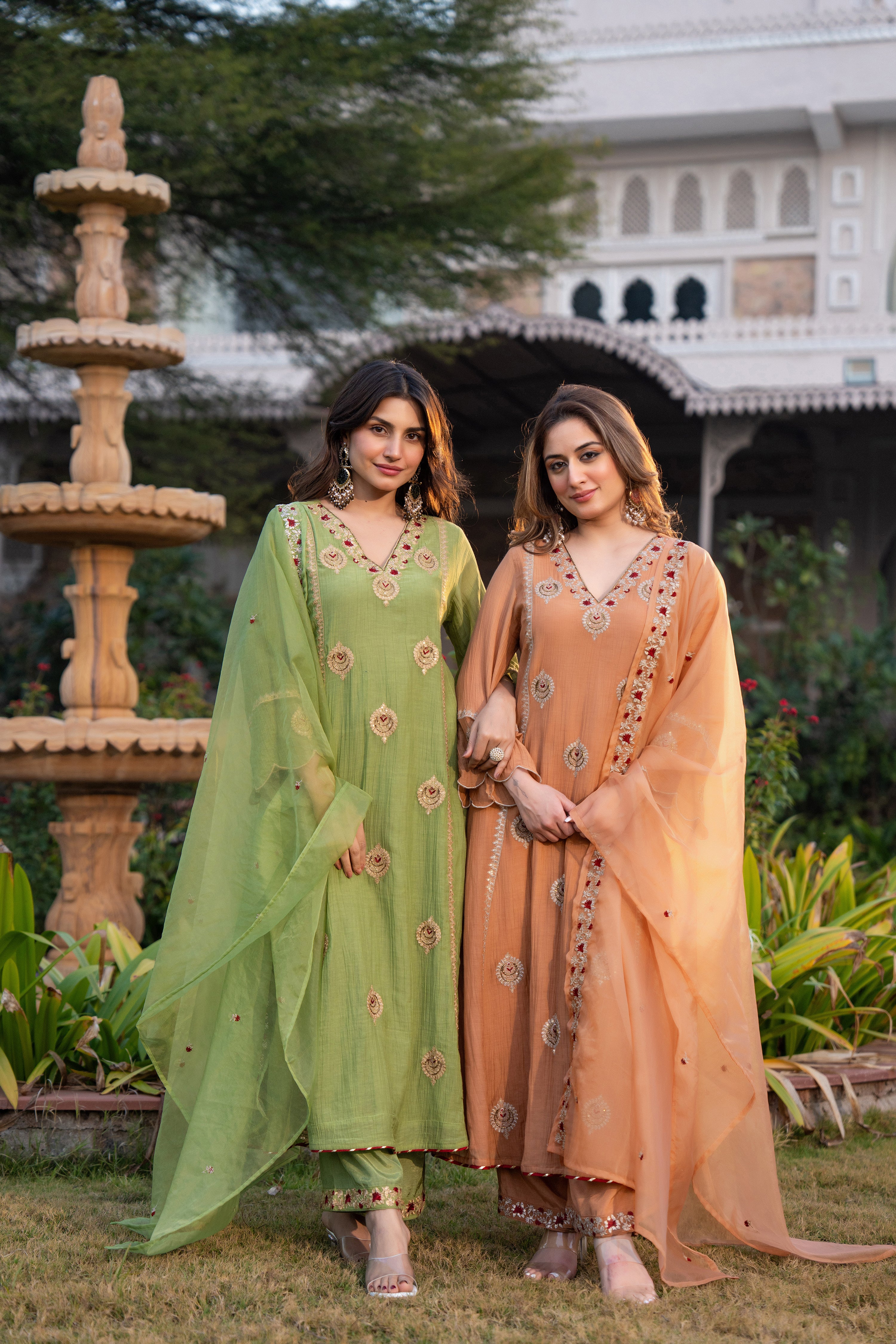 Pista Green Chanderi Embroidered Suit Set