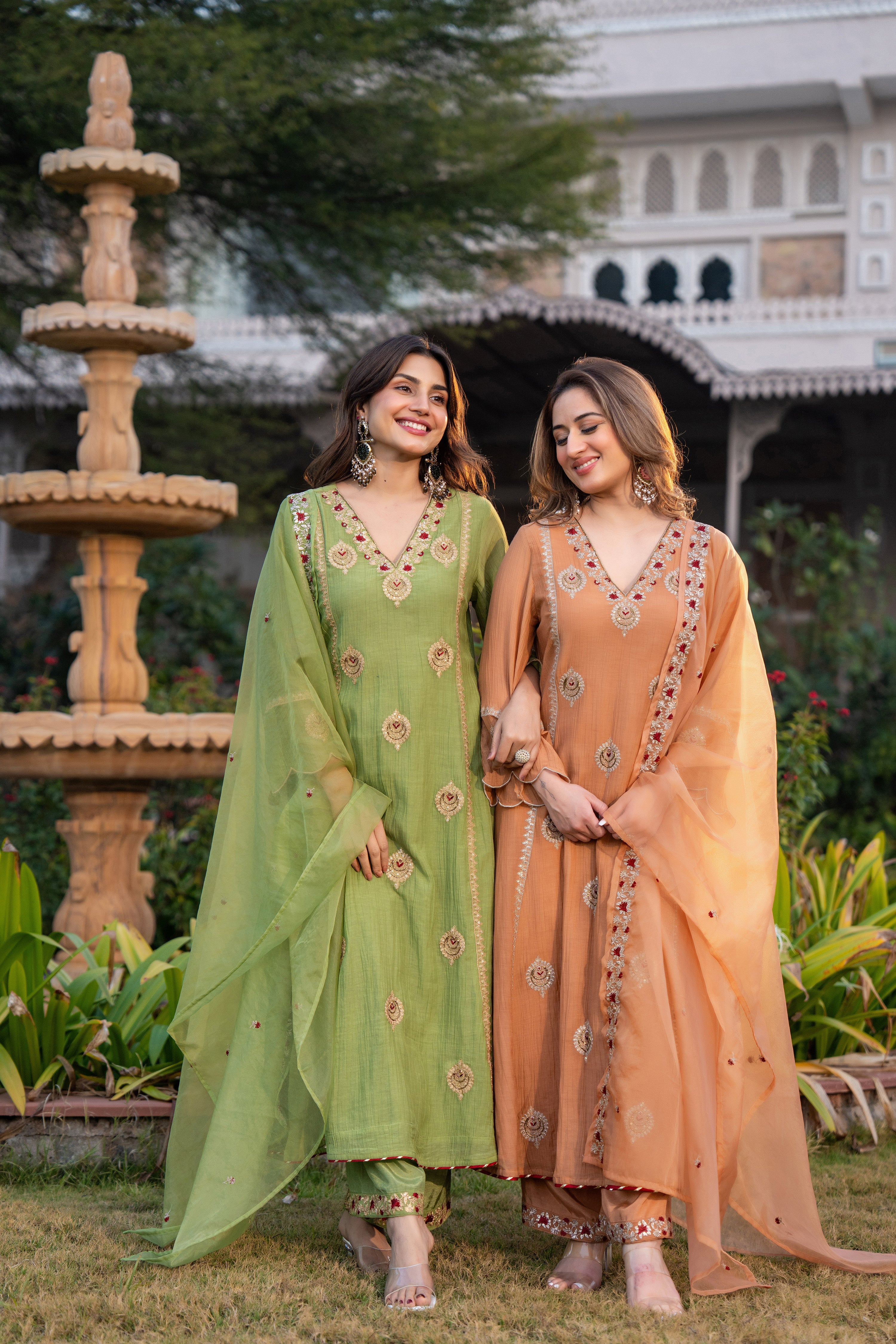 Pista Green Chanderi Embroidered Suit Set