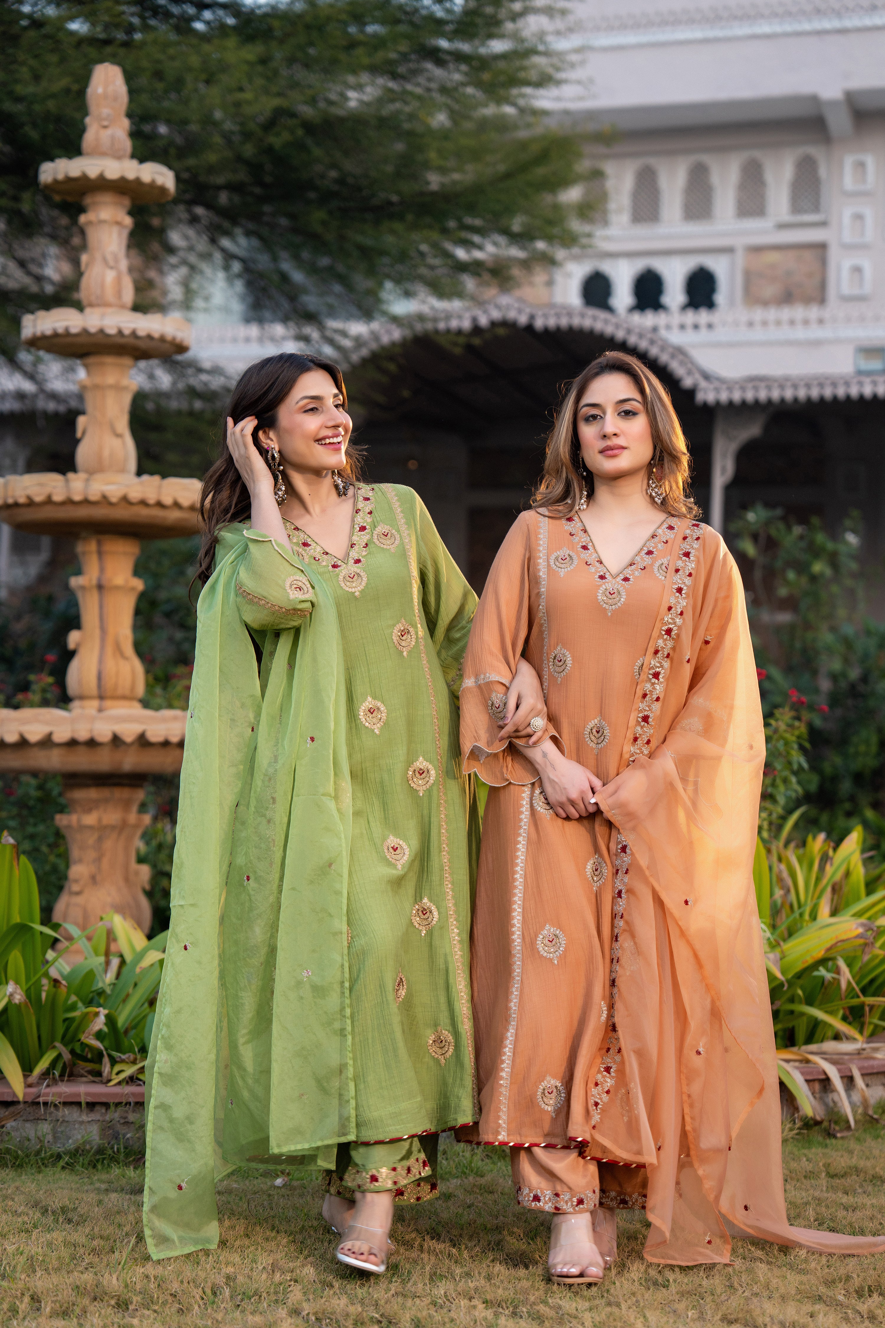 Pista Green Chanderi Embroidered Suit Set