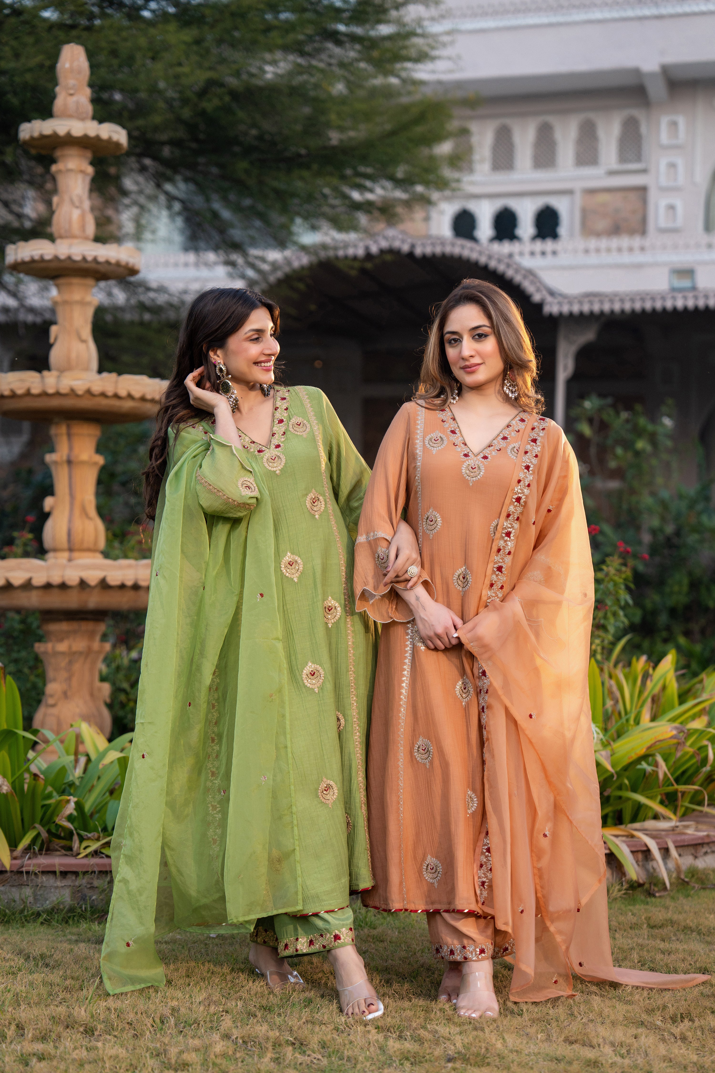 Pista Green Chanderi Embroidered Suit Set