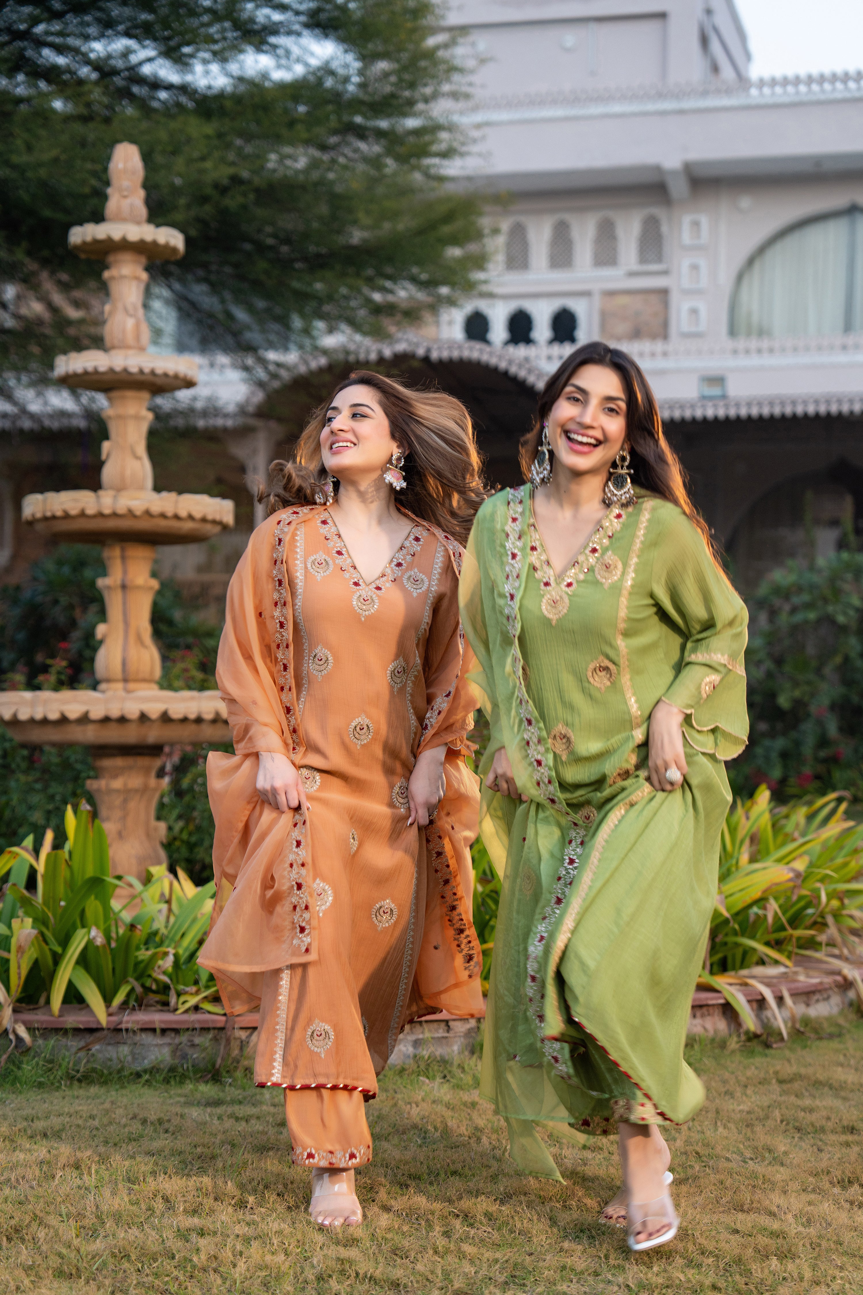 Pista Green Chanderi Embroidered Suit Set